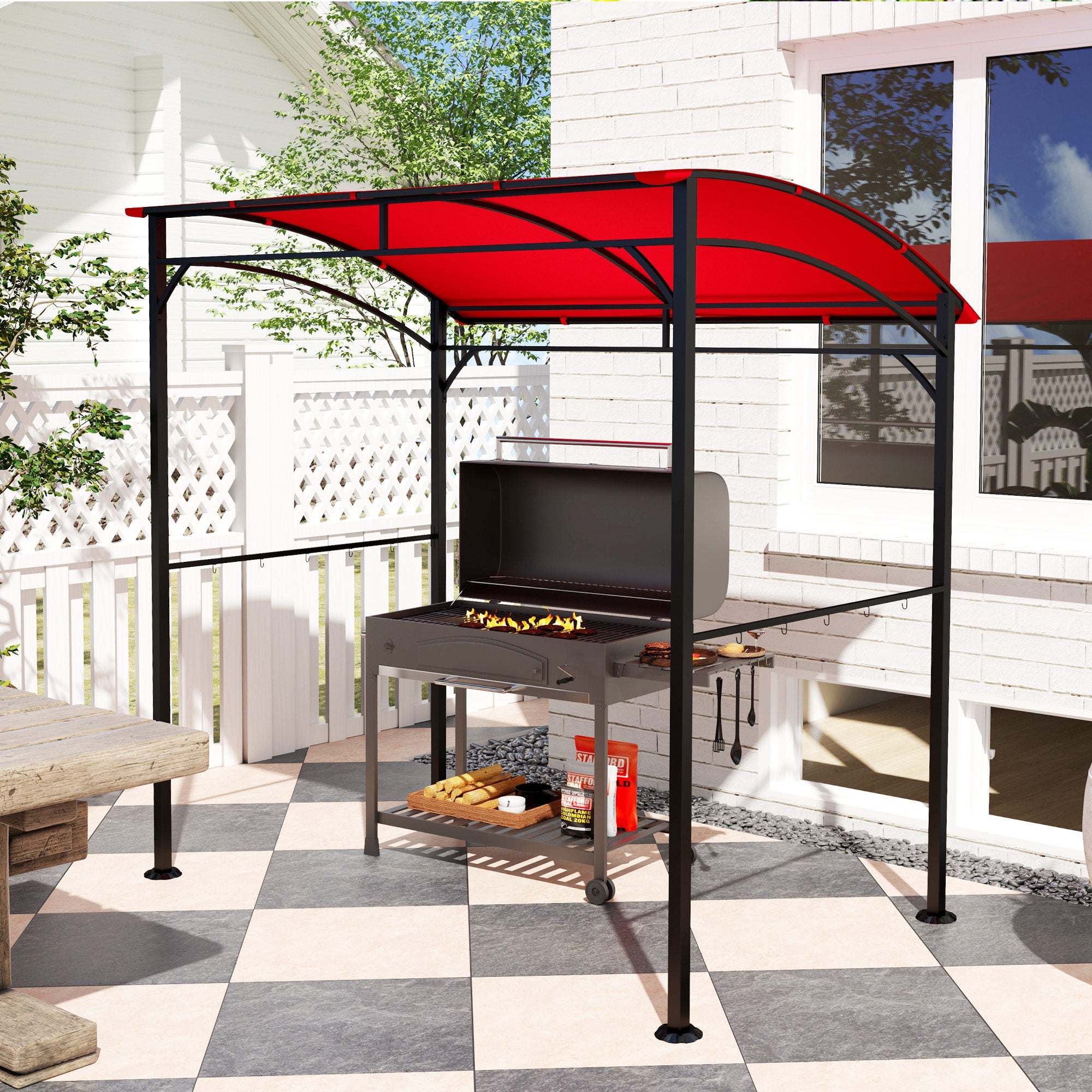 Outsunny 7' x 5' Garden Grill Canopy, BBQ Grill Gazebo Tent with Steel Frame and Hooks, Outdoor Sun Shade, Wine Red 