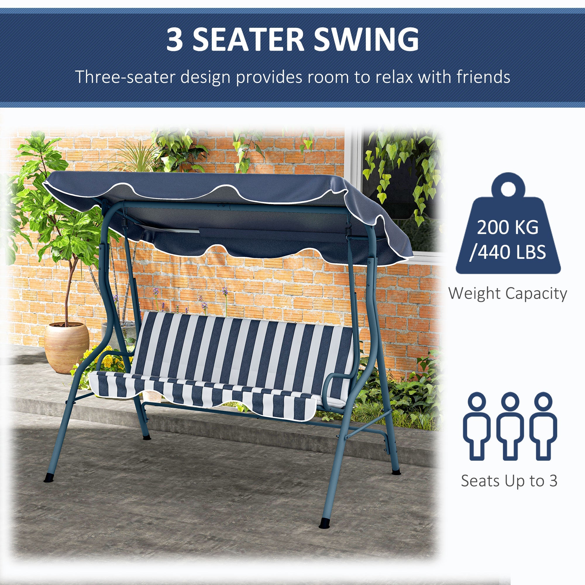 Outsunny 3-Seater Patio Swing Chair Outdoor Porch Swing with Adjustable Canopy Cushion Blue 