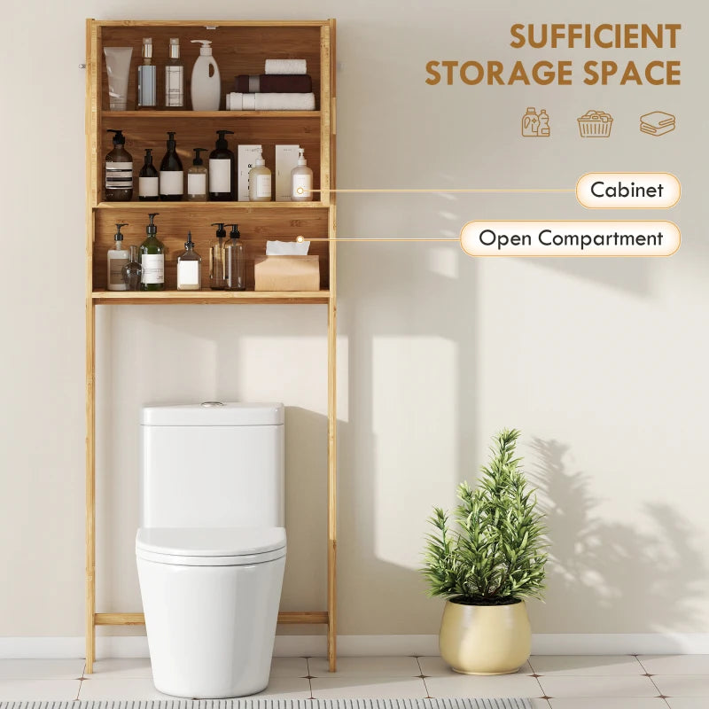 Over the Toilet Cabinet, Bathroom Organizer with 2 Doors, Open Compartment and Adjustable Shelf, Natural Wood Finish
