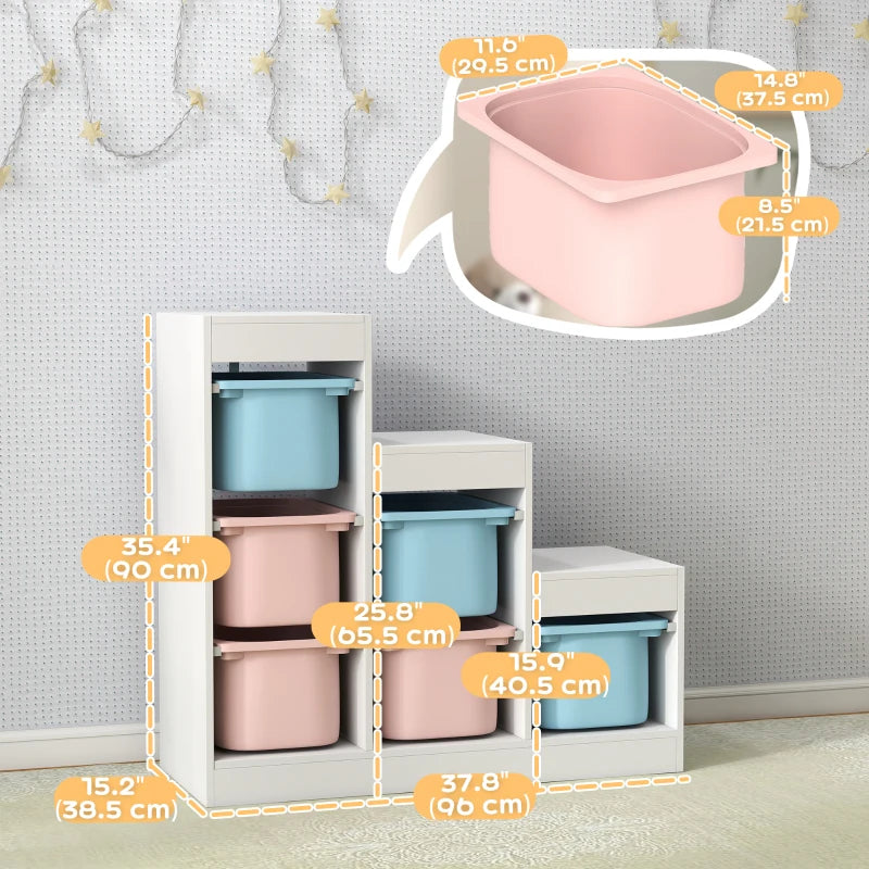 Qaba 3 Layers Toy Storage Organizer Kids Bookshelf Children Toy Storage w/ 6 Plastic Bins, Blue & Pink