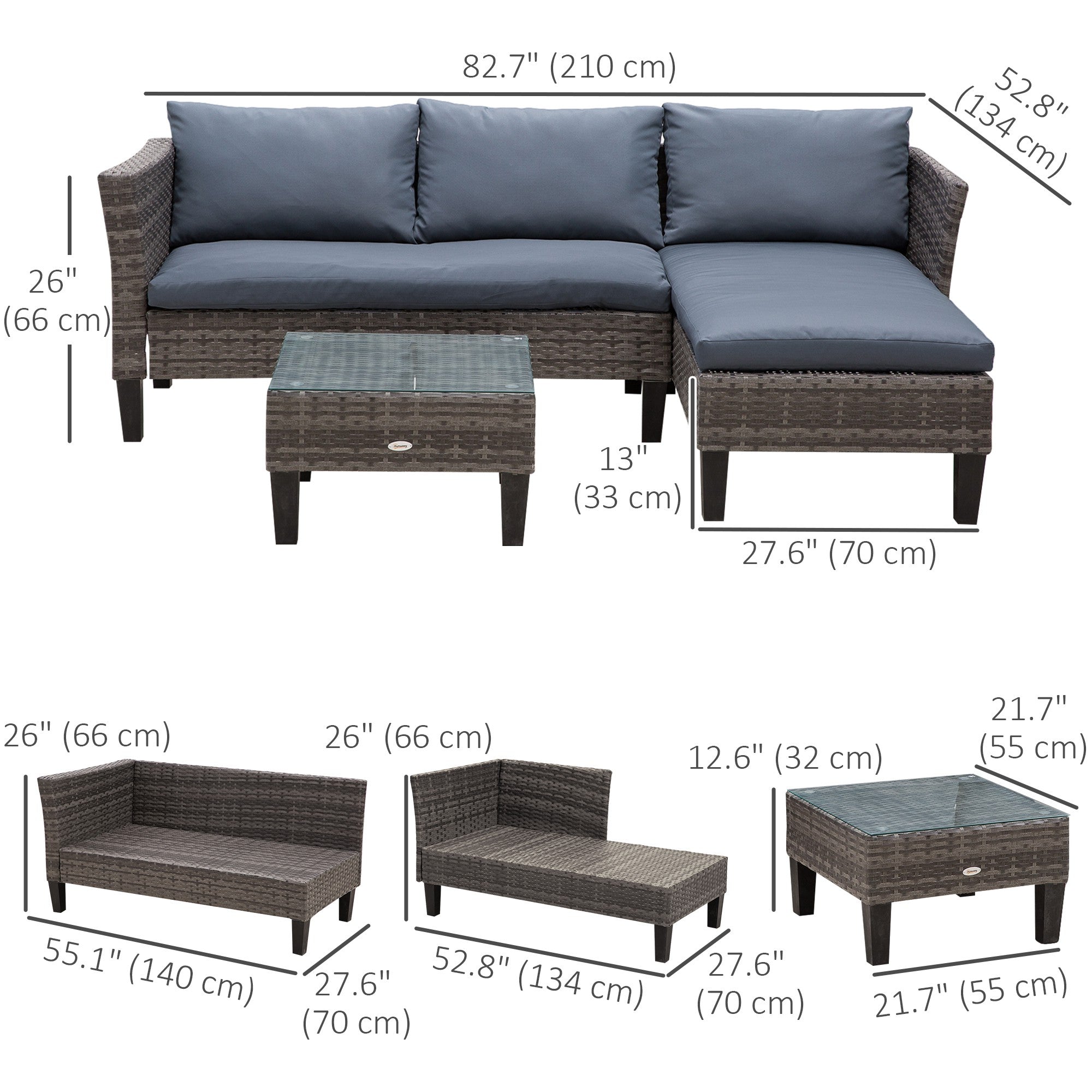 Outsunny 3 Piece Wicker Patio Set - Outdoor Sofa with Glass Tabletop, Cushions, Metal Frame in Grey for Balcony, Patio 