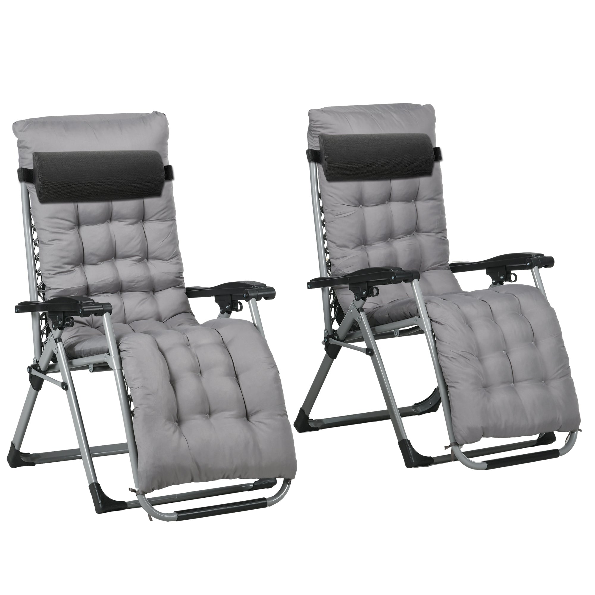 Outsunny Garden Chairs Set of 2 Reclining Zero Gravity Sun Lounger with Cushion Grey Outdoor 