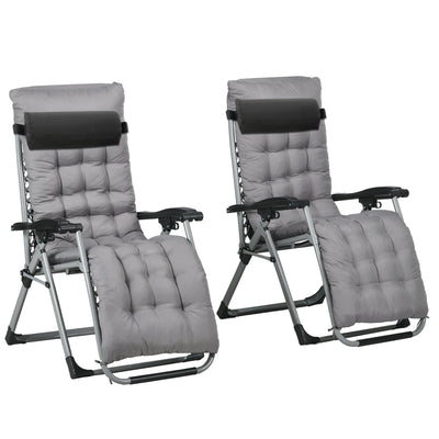 Outsunny Garden Chairs Set of 2 Reclining Zero Gravity Sun Lounger with Cushion Grey Outdoor 