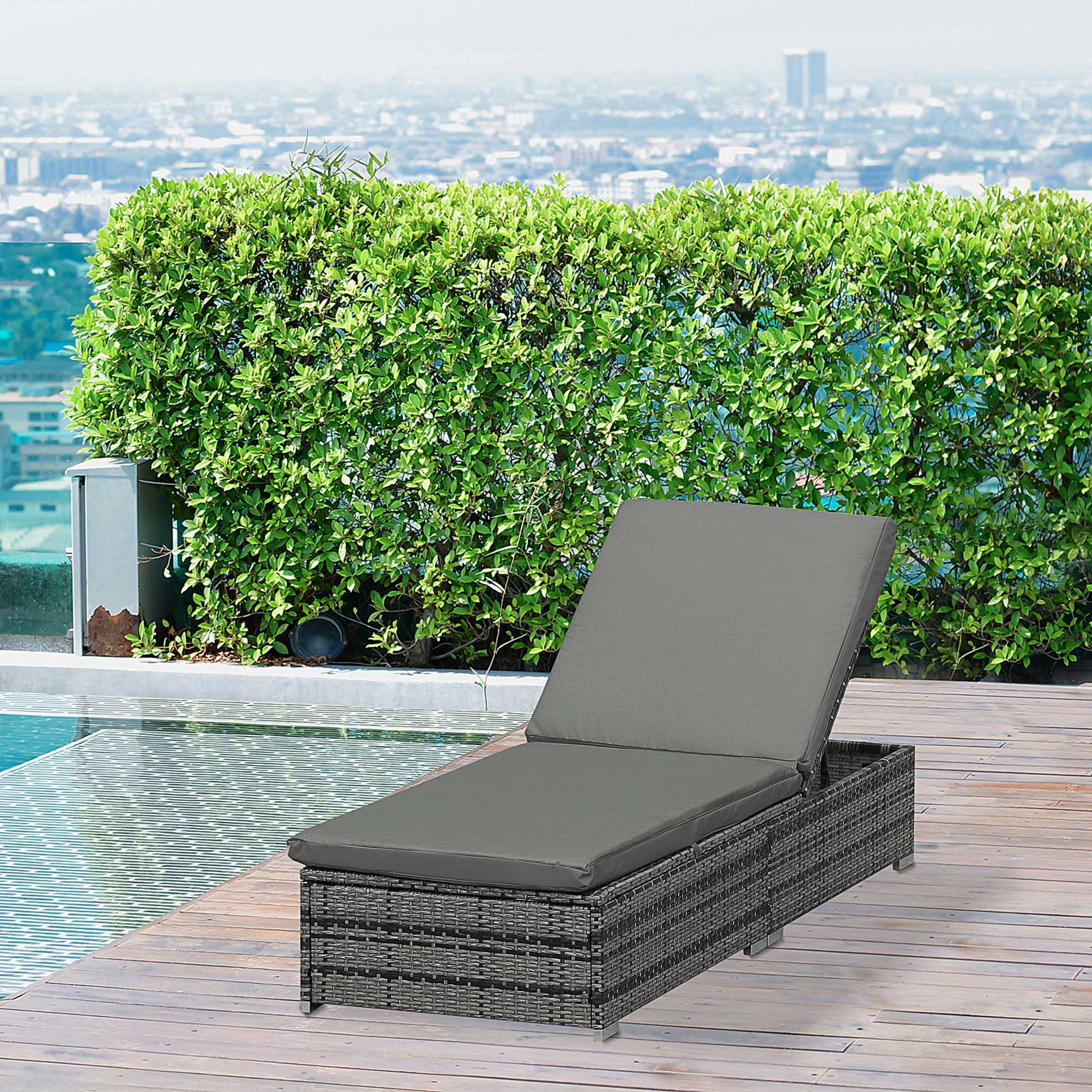 Outsunny Wicker Outdoor Lounge Chair, Patio Lounge Chair with 5-Level Adjustable Backrest & Cushion for Poolside, Mixed Grey 