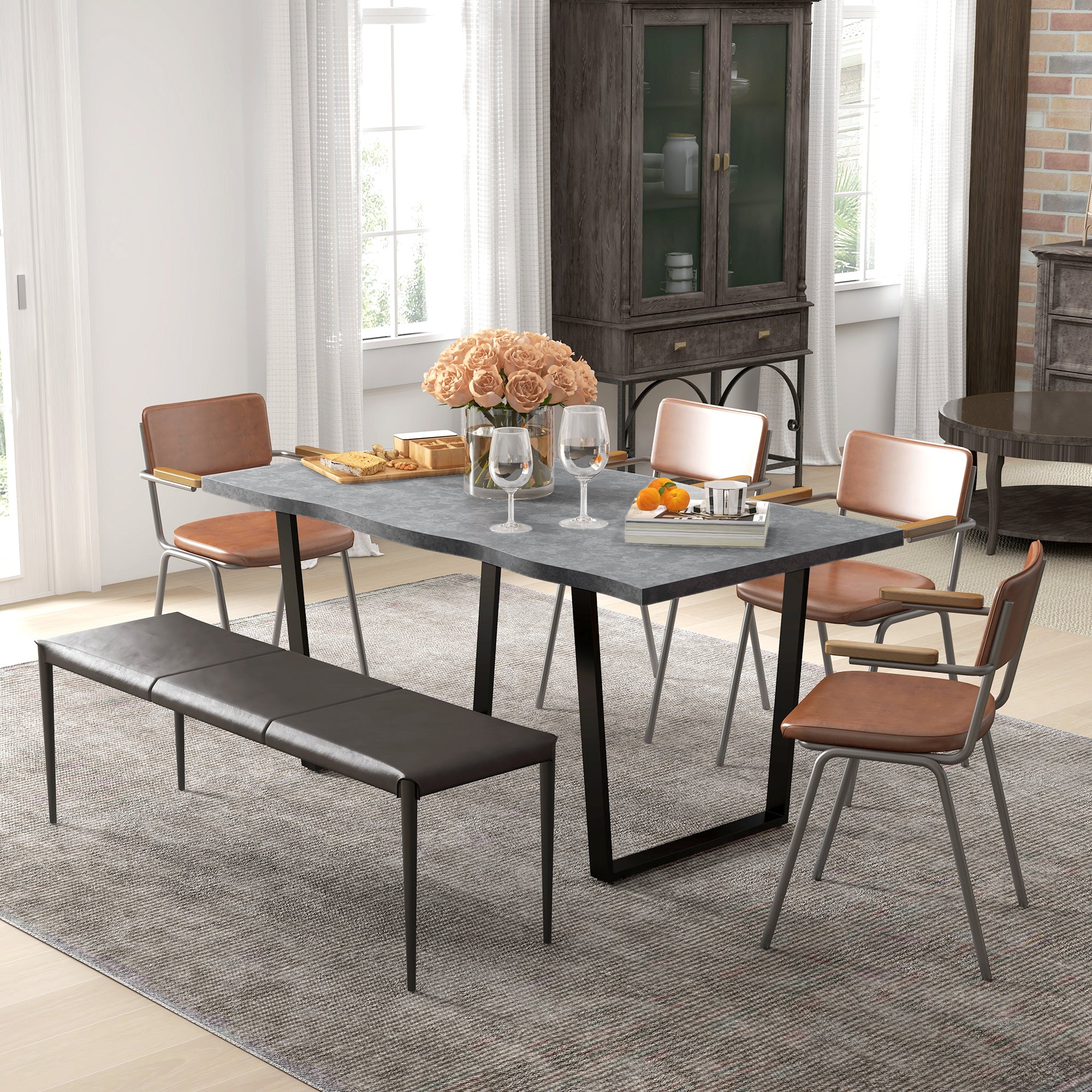 HOMCOM 63" Industrial Wave Edge Dining Table Steel Legs for 6 People Cement Grey 