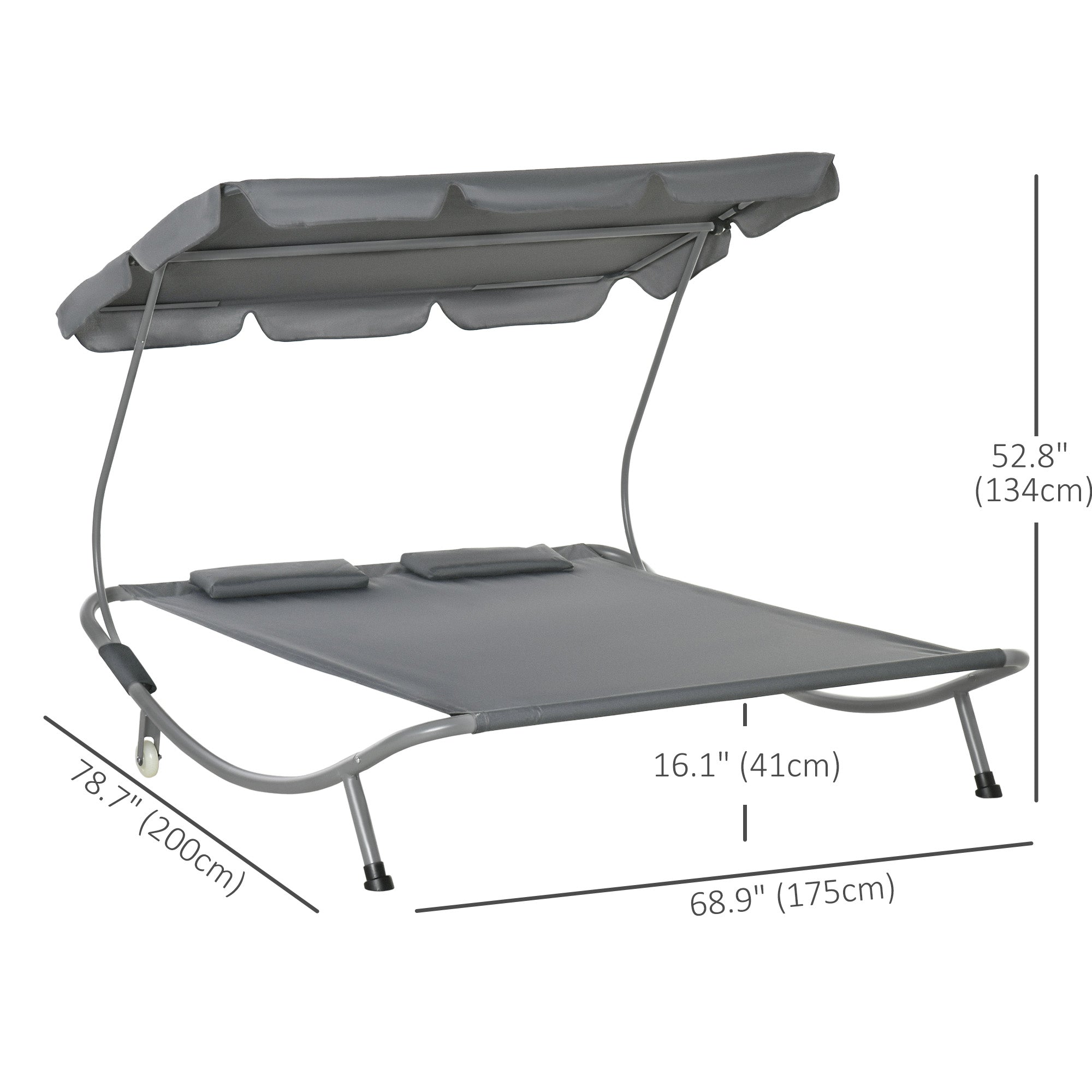 Outsunny Patio Double Chaise Lounge Chair Outdoor Daybed with Canopy Headrest Pillows Grey 