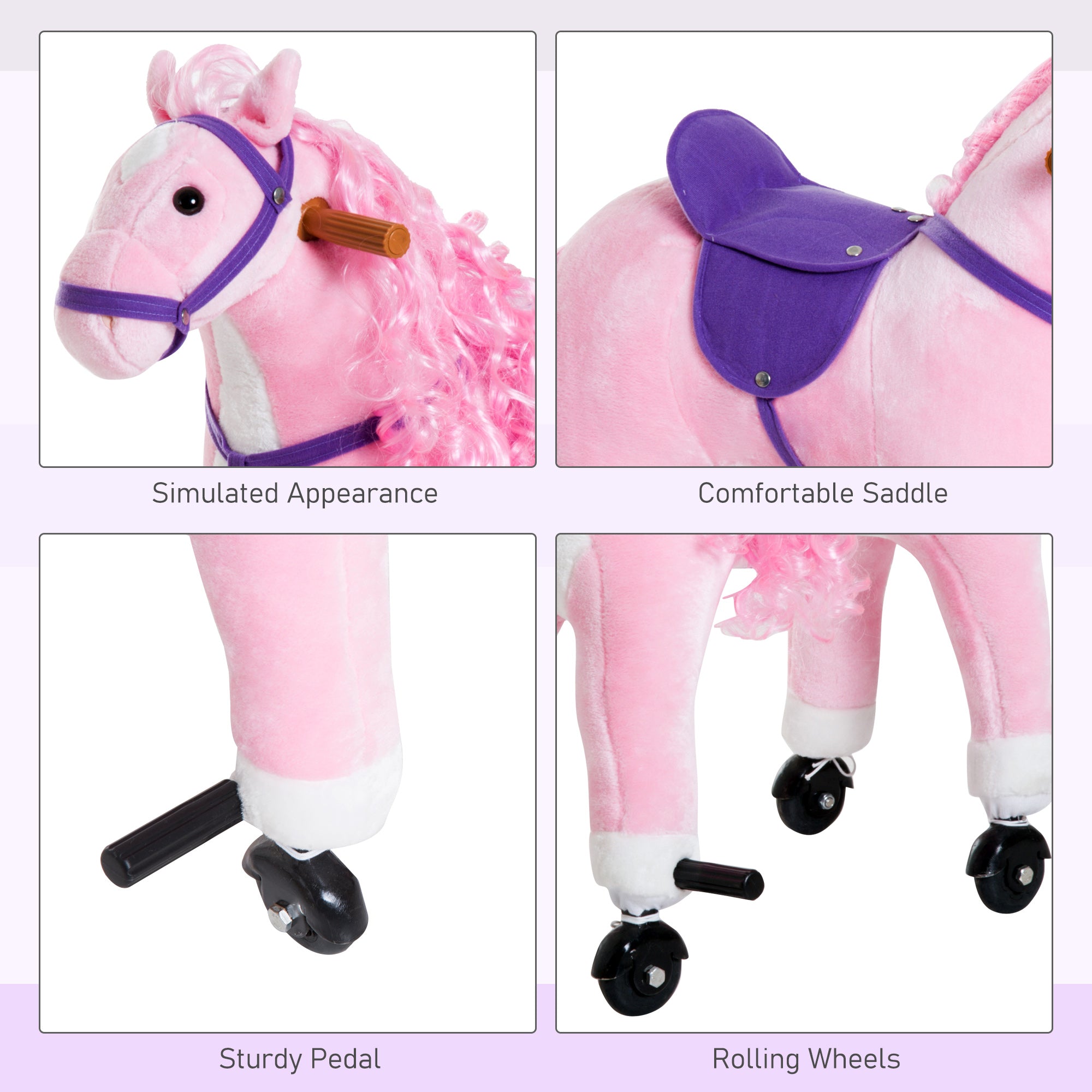 Qaba Pink Plush Pony Ride-On Toy for Kids - Rocking Horse with Neigh Sound & Wheels, 110lb Weight Limit 