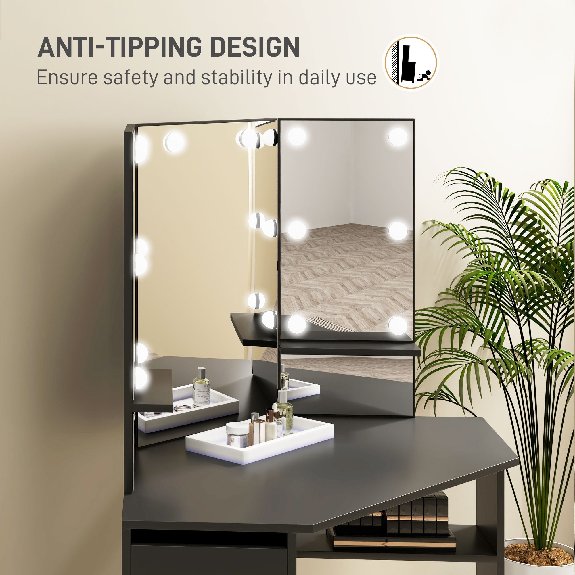 HOMCOM Makeup Vanity Desk with 3-Panel Mirror and 10 LED Lights, Dressing Table with 5 Drawers and Shelves for Bedroom, Black 