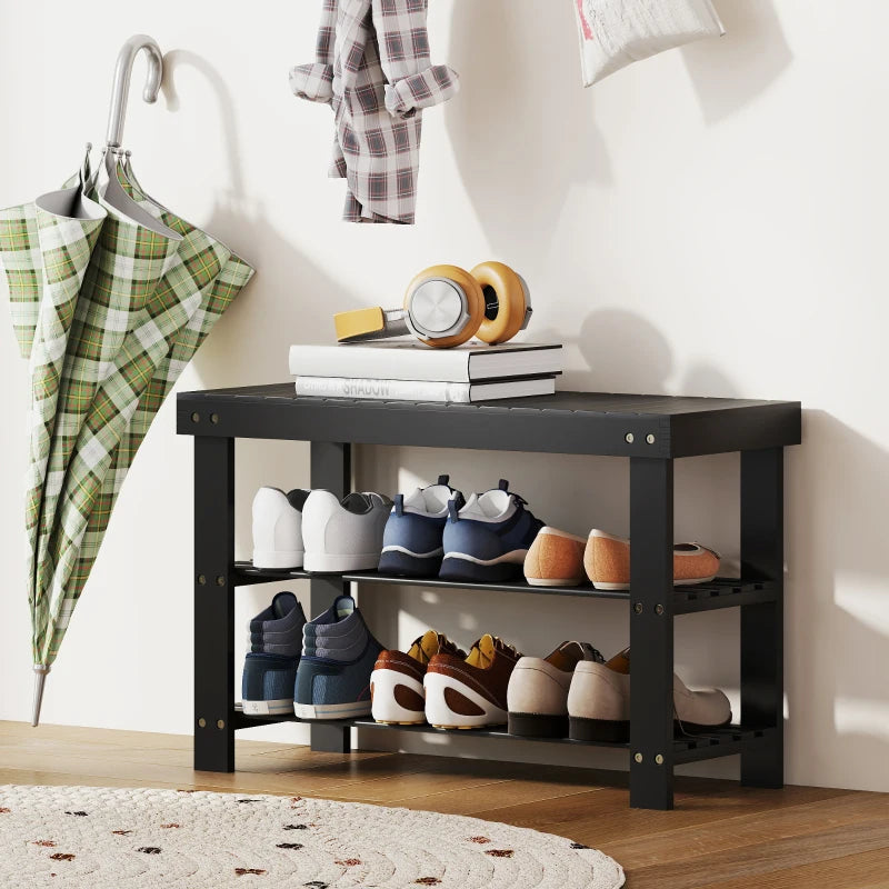 Bamboo Shoe Storage Bench, 3-Tier Entryway Bench with 2 Storage Shelves for Hallway, Holds 6 Pairs, Black