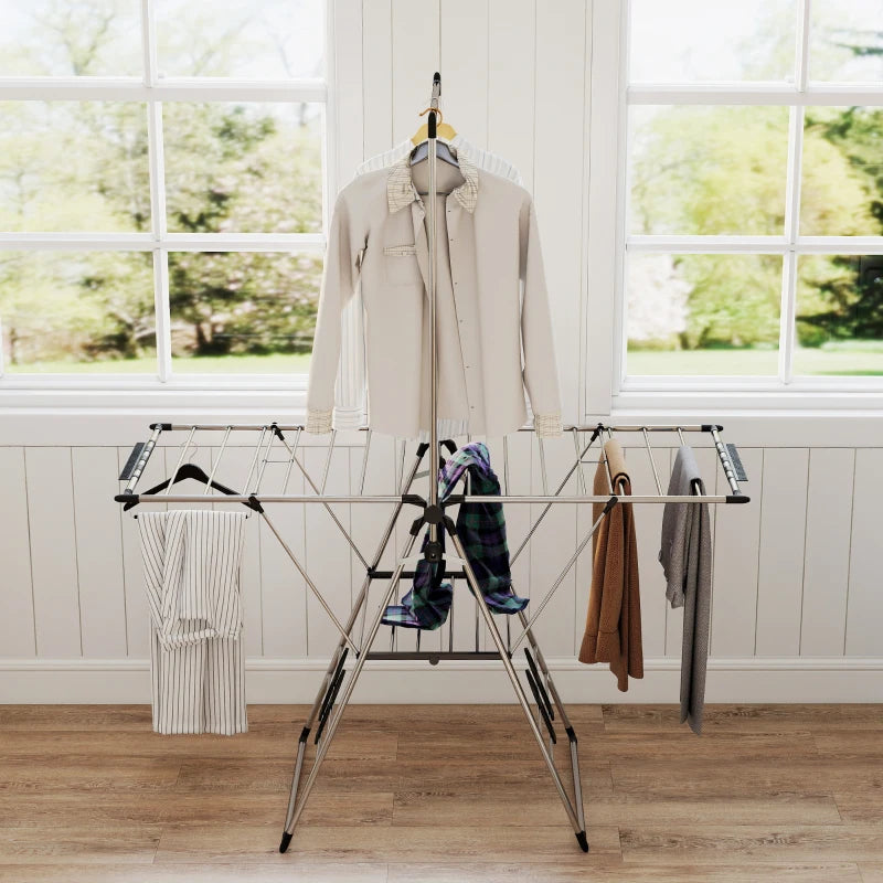 Clothes Drying Rack, Foldable Stainless Steel Laundry Drying Rack with Adjustable Gullwings and Shoe Holders, Silver