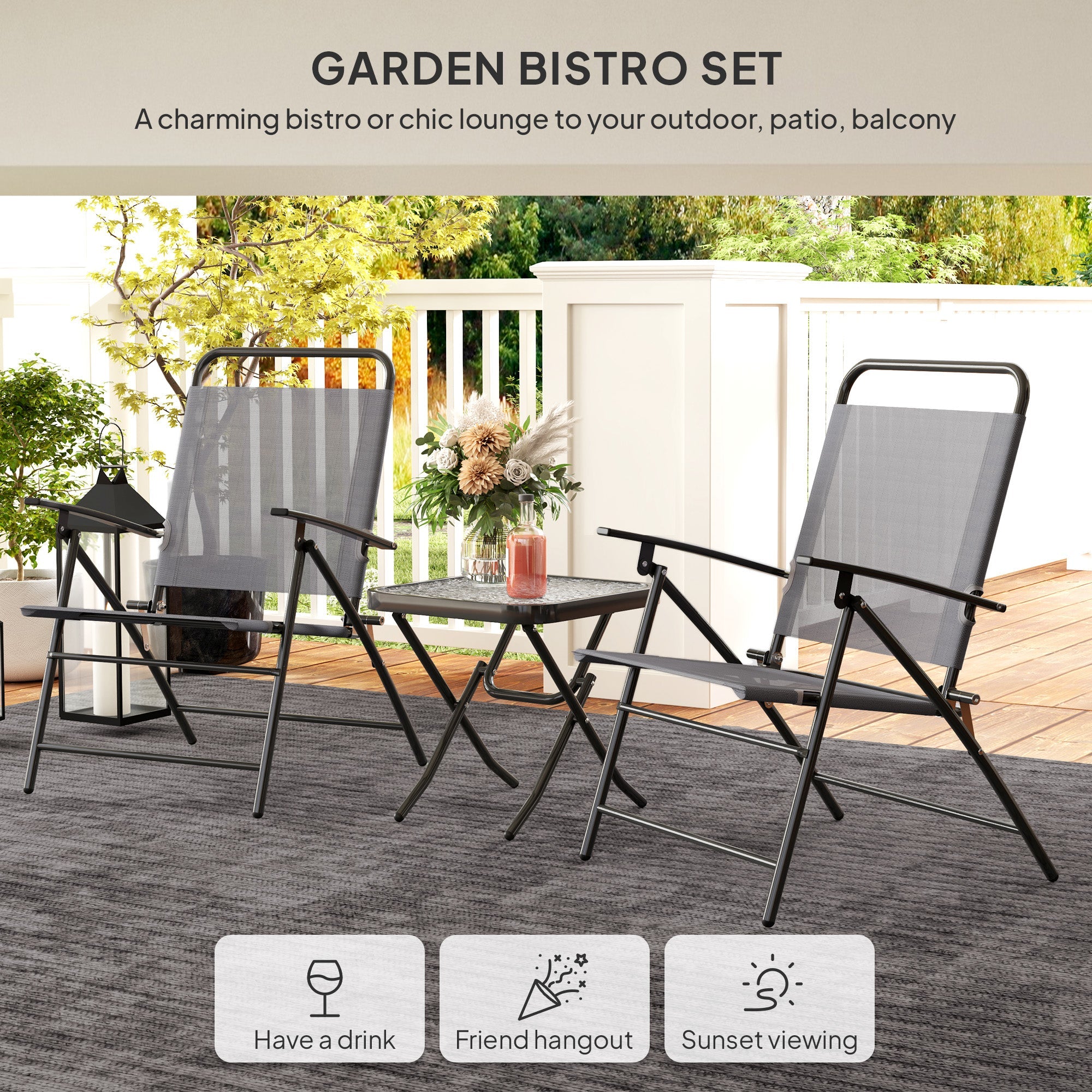 Outsunny Folding Bistro Set, Small Patio Set with Back Adjustable Chairs and Glass Top Table for Garden, Balcony, Porch, Grey 
