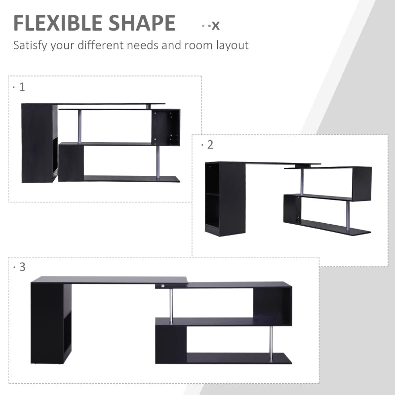 55" Corner Computer Desk, 360° Rotating L-Shaped Desk, Home Office Workstation with 3-Tier Shelves, Bookshelf, Black