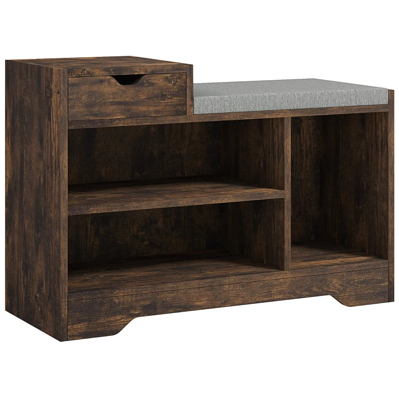 Upholstered Shoe Storage Bench, Hallway Shoe Storage with Seat, Drawer, 3 Open Shelves for Entryway, Rustic Brown
