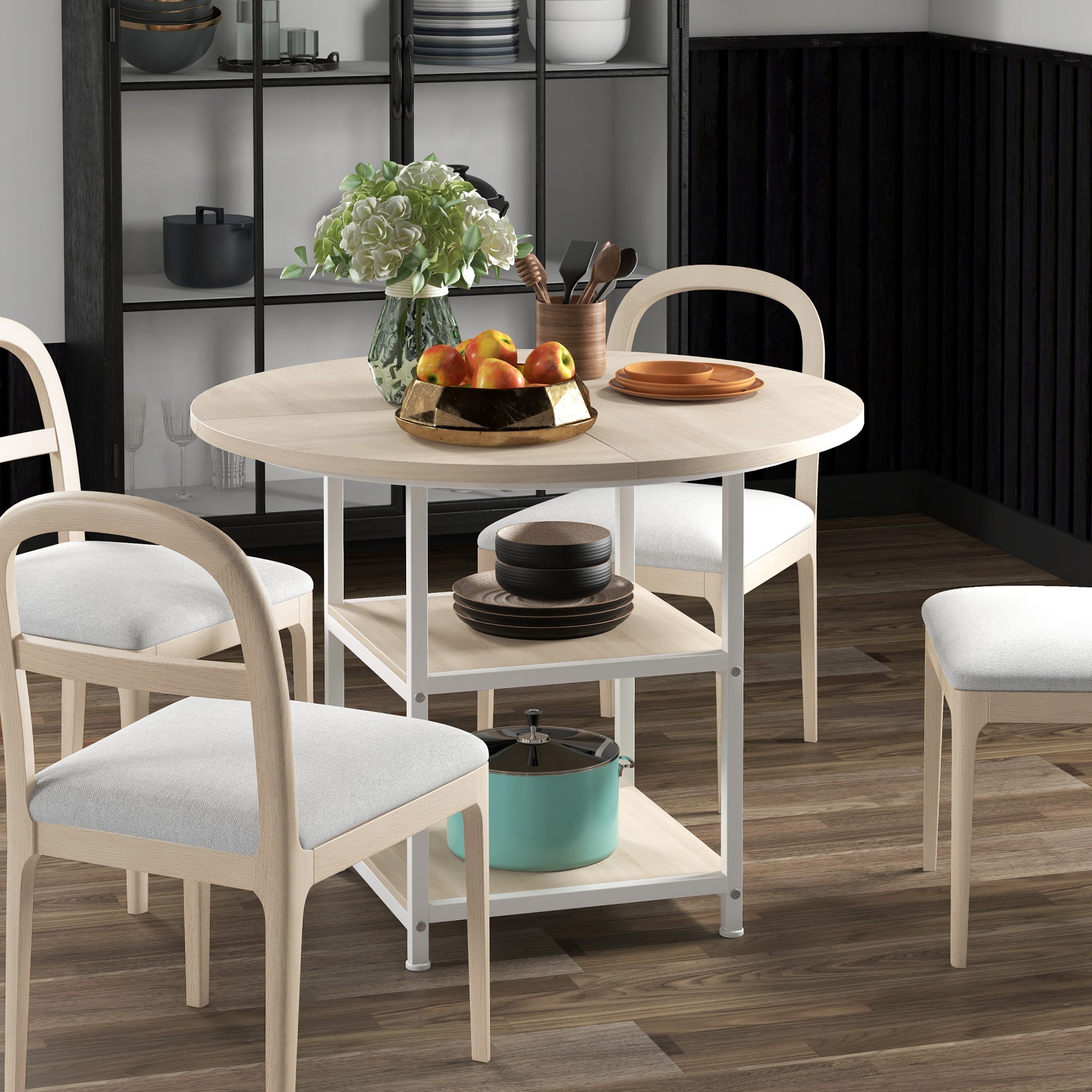 HOMCOM Round Kitchen Table for 4-6 People, 39.4 Inch Industrial Dining Table with Storage Shelves, Oak 