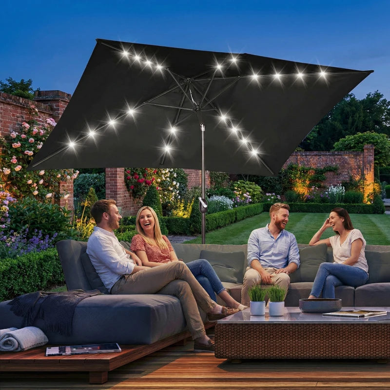 6.5x10ft Patio Umbrella, Rectangle Tilt Outdoor Market Parasol with LEDs, Black