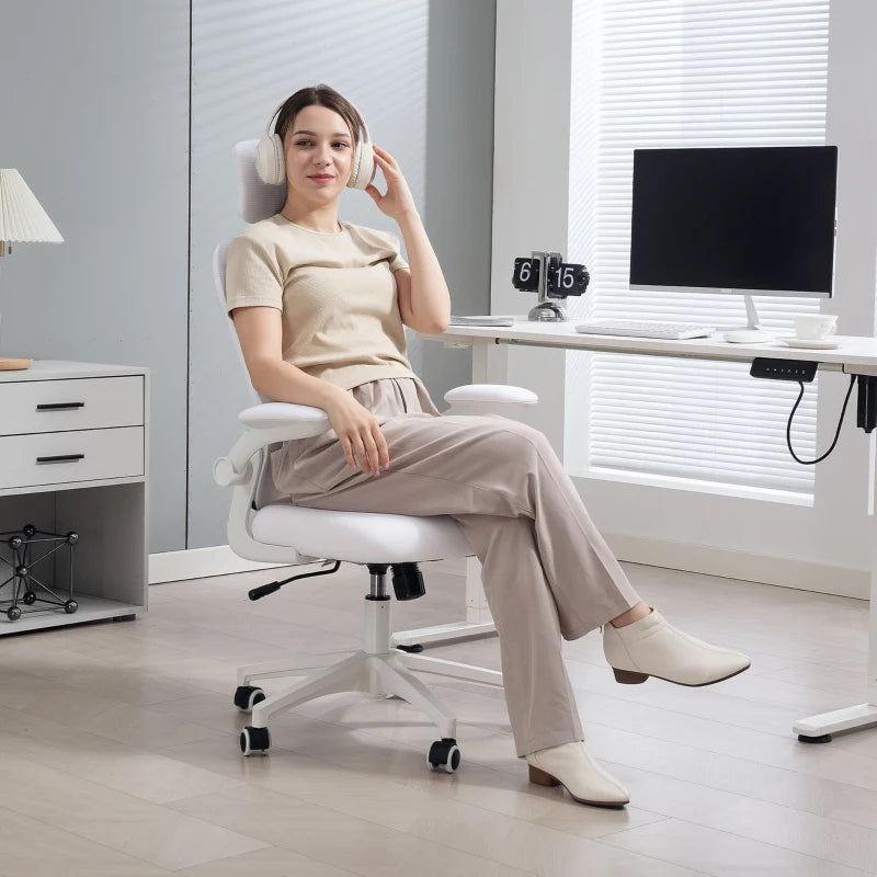 Office Chair, Mesh Computer Desk Chair with Adjustable Headrest, 4D Lumbar Support, Flip-up Arm, White