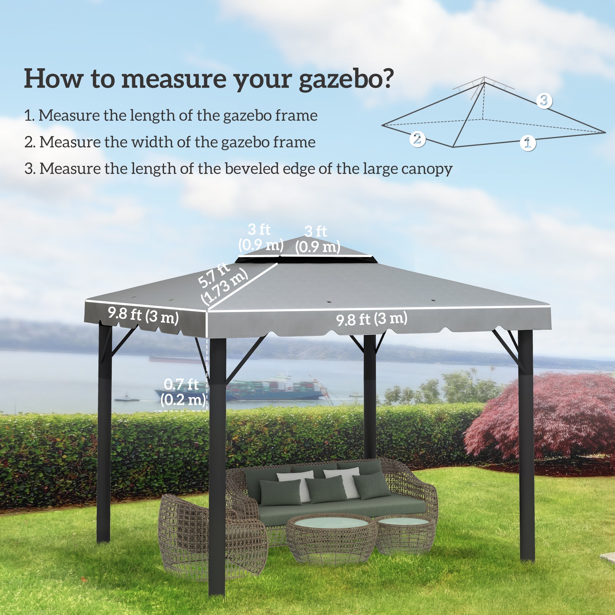 Outsunny Gazebo Replacement Canopy 9.8'x9.8' Top Cover Double Vented Roof Garden Patio Outdoor Grey 