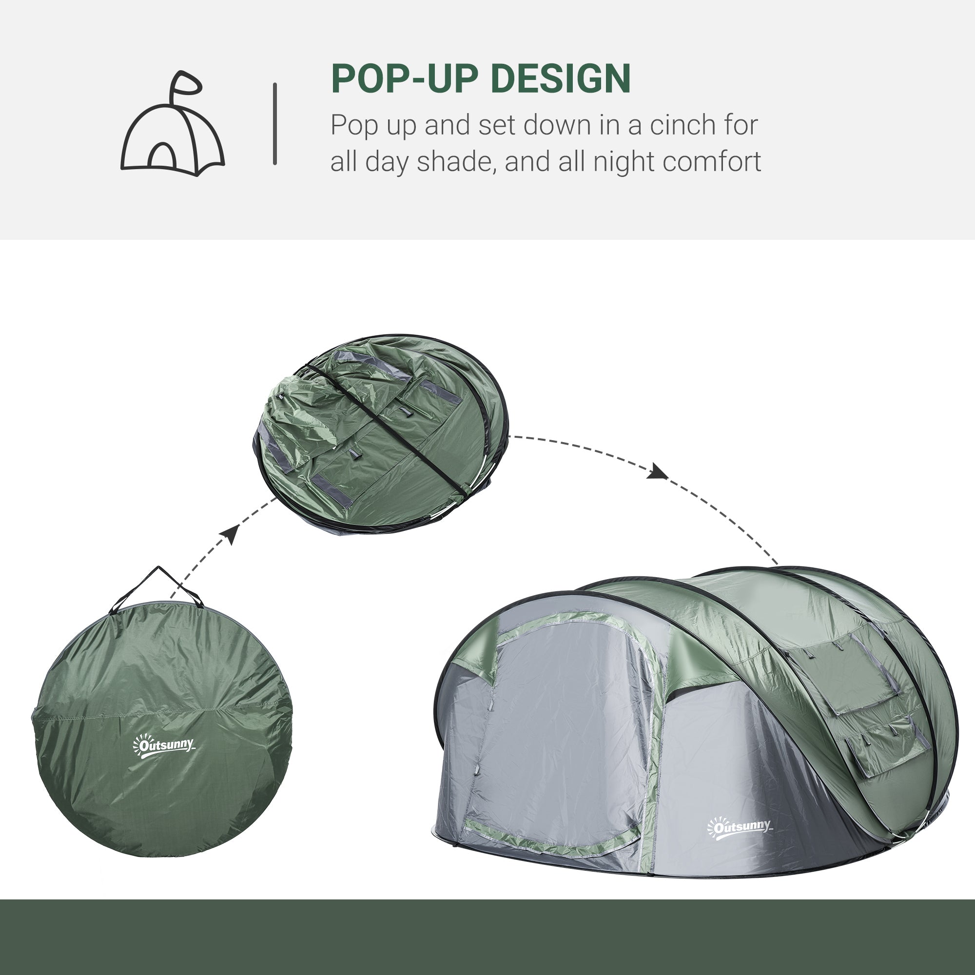 Outsunny 5 Person Camping Tent, Easy Pop Up Tent with Doors, Windows and Carry Bag, Automatic Setup Tent for Hiking, Dark Green 