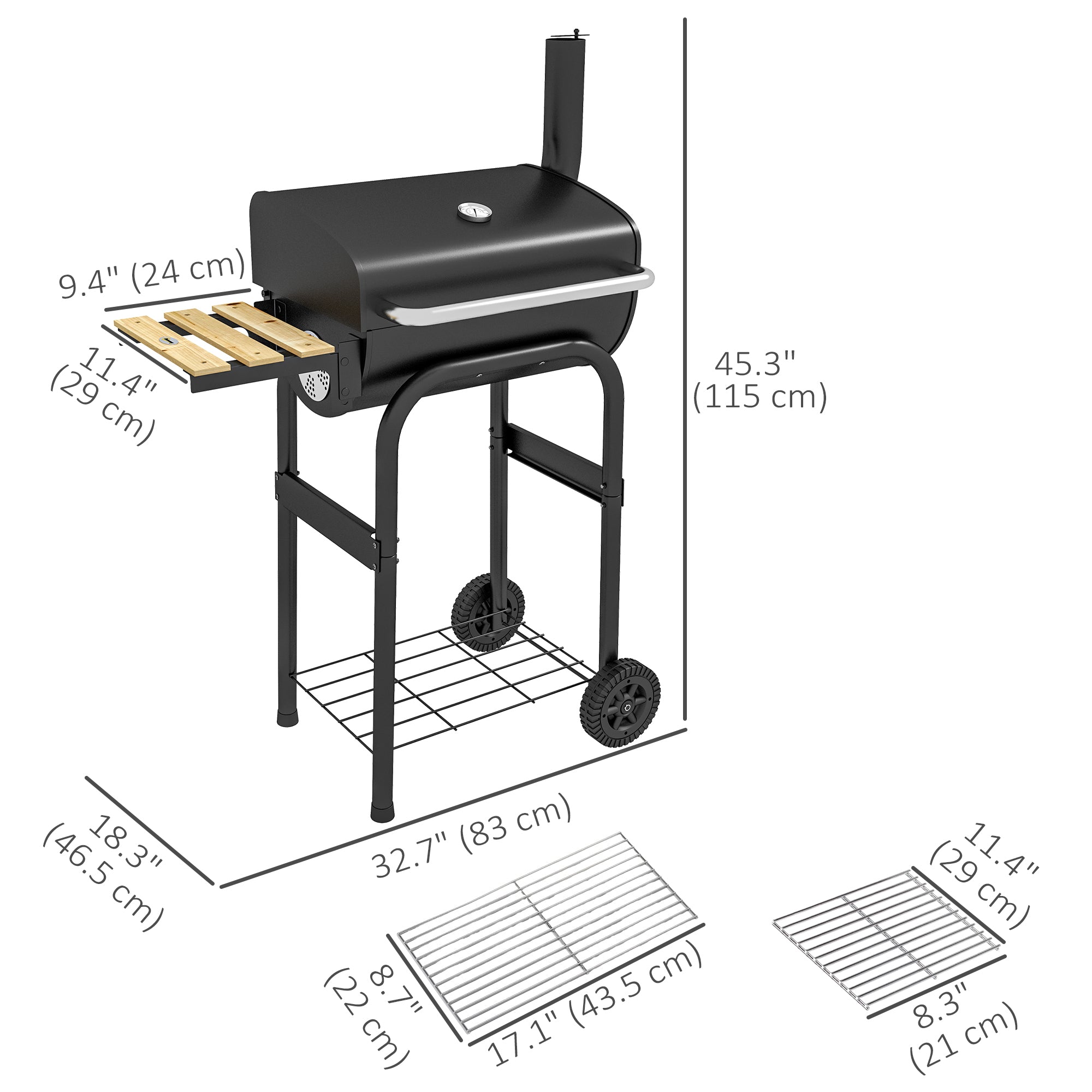 Outsunny Charcoal Barbecue Grill, BBQ with Thermometer, Shelves and Wheels, Black 