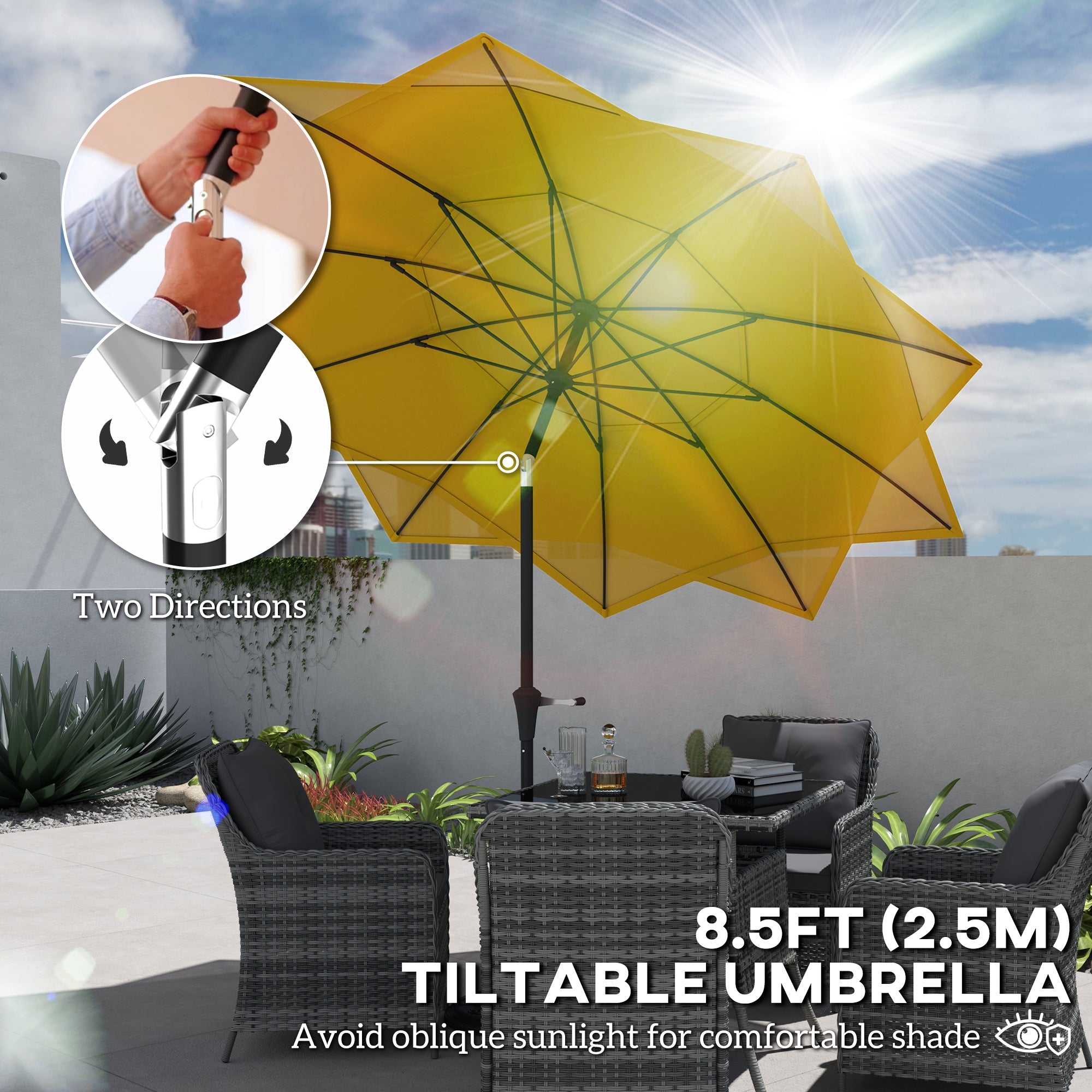 Outsunny 8.5FT Parasol with 10 Ribs, Air Vents, Crank Handle & Tilt for Outdoor, Garden and Pool, Yellow 