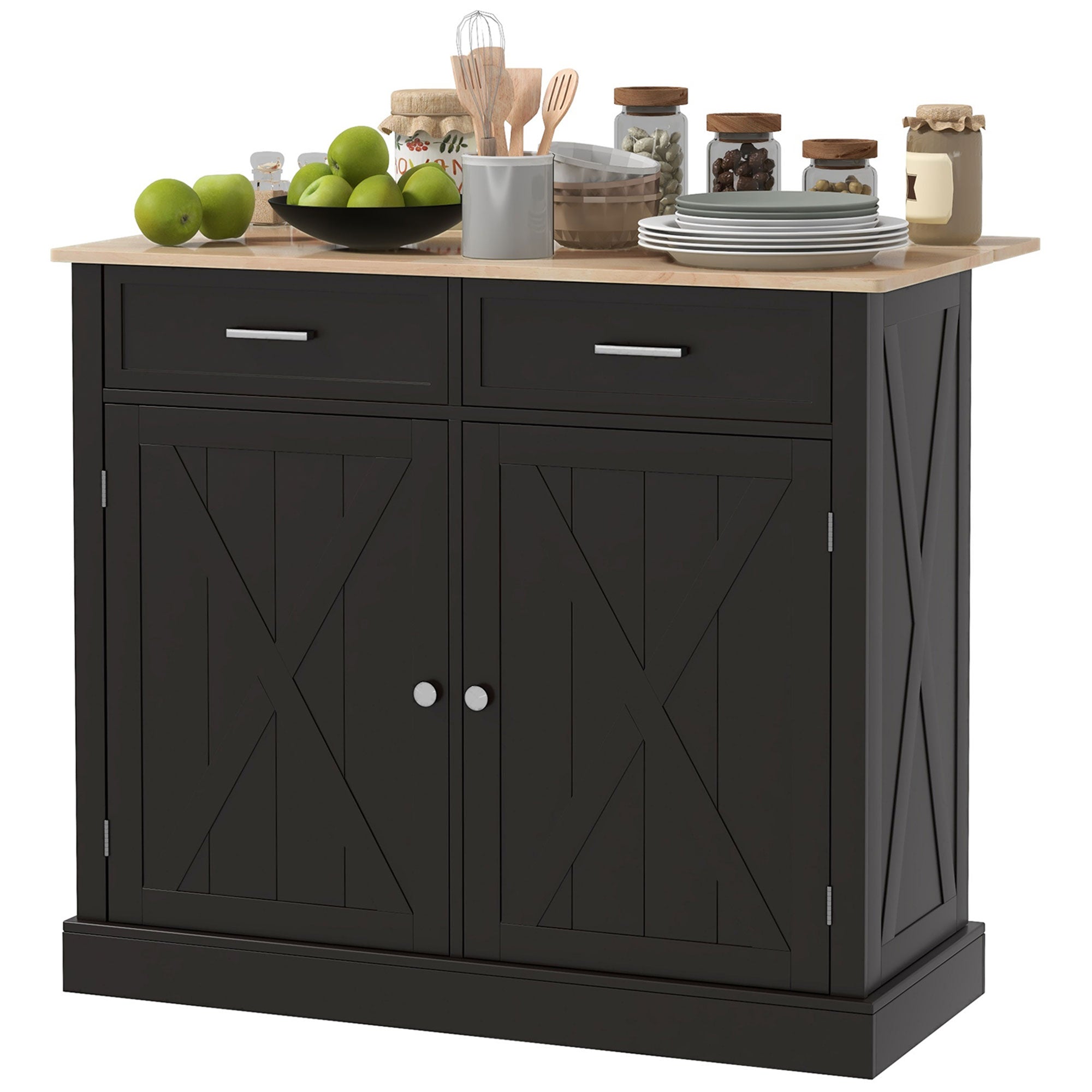 HOMCOM Ebony Culinary Companion: Black Kitchen Island with Beadboard, Rubberwood Cart, 2 Drawers, Adjustable Shelves for Storage 