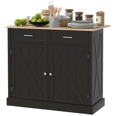 HOMCOM Ebony Culinary Companion: Black Kitchen Island with Beadboard, Rubberwood Cart, 2 Drawers, Adjustable Shelves for Storage 