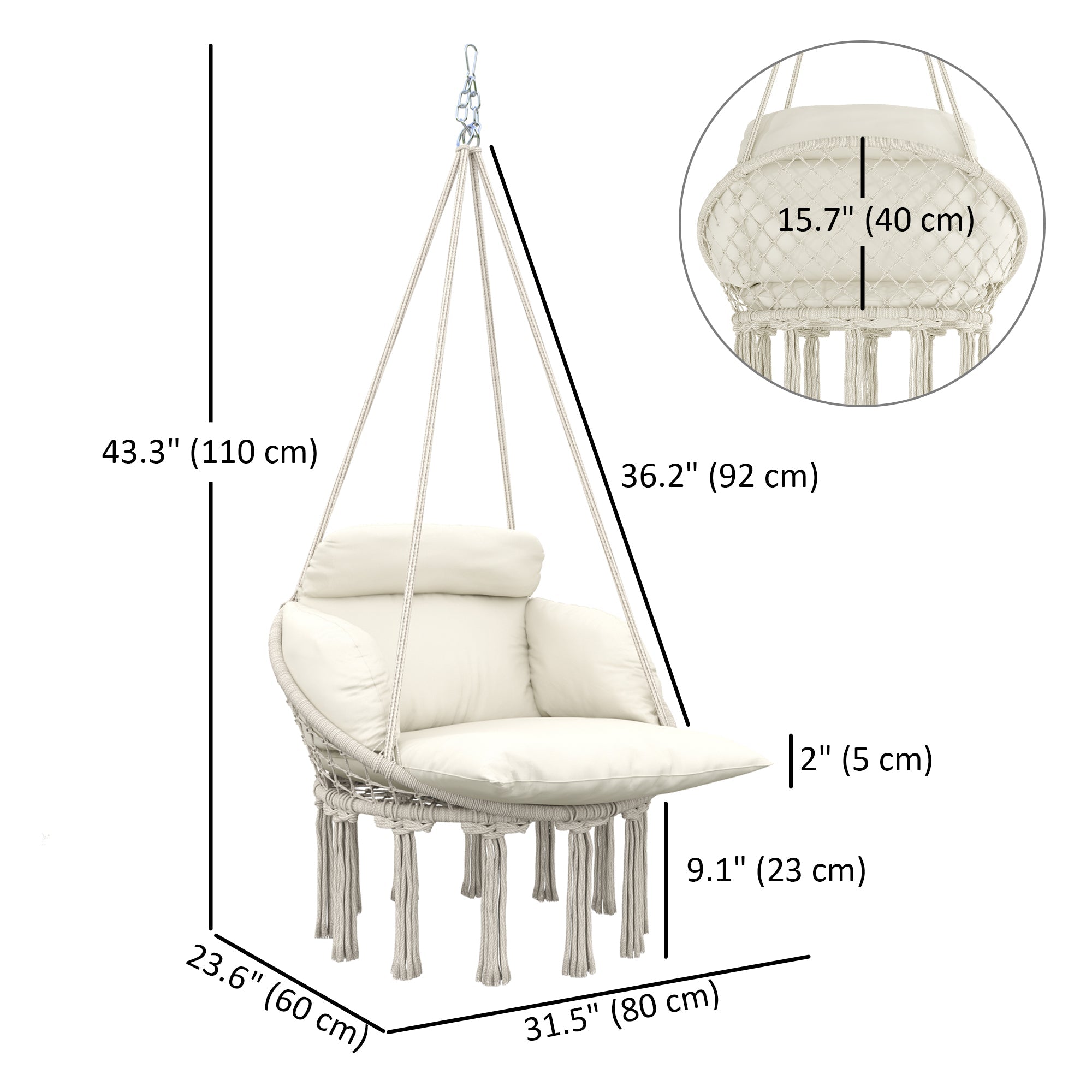 Outsunny Boho Hammock Chair Swing Hanging Chair with Cushion, Chain, Steel Frame for Indoor Outdoor Bedroom Patio Balcony, Cream 