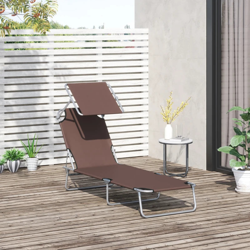 Outdoor Lounge Chair, Adjustable Folding Chaise Lounge,  Tanning Chair with Sun Shade for Beach, Camping, Hiking, Backyard, Brown