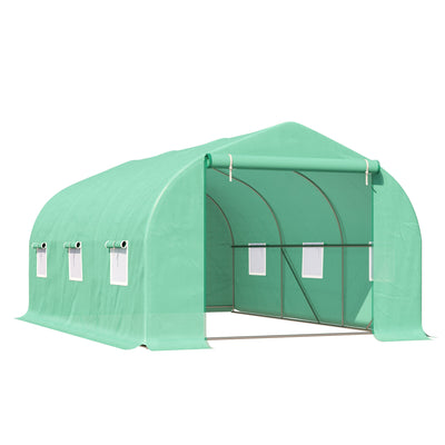 Outsunny 15' x 10' x 7' Walk-in Greenhouse Outdoor Plant Tunnel Warm Hot House w/ Roll Up Door and 6 Mesh Windows, Steel Frame, Green 