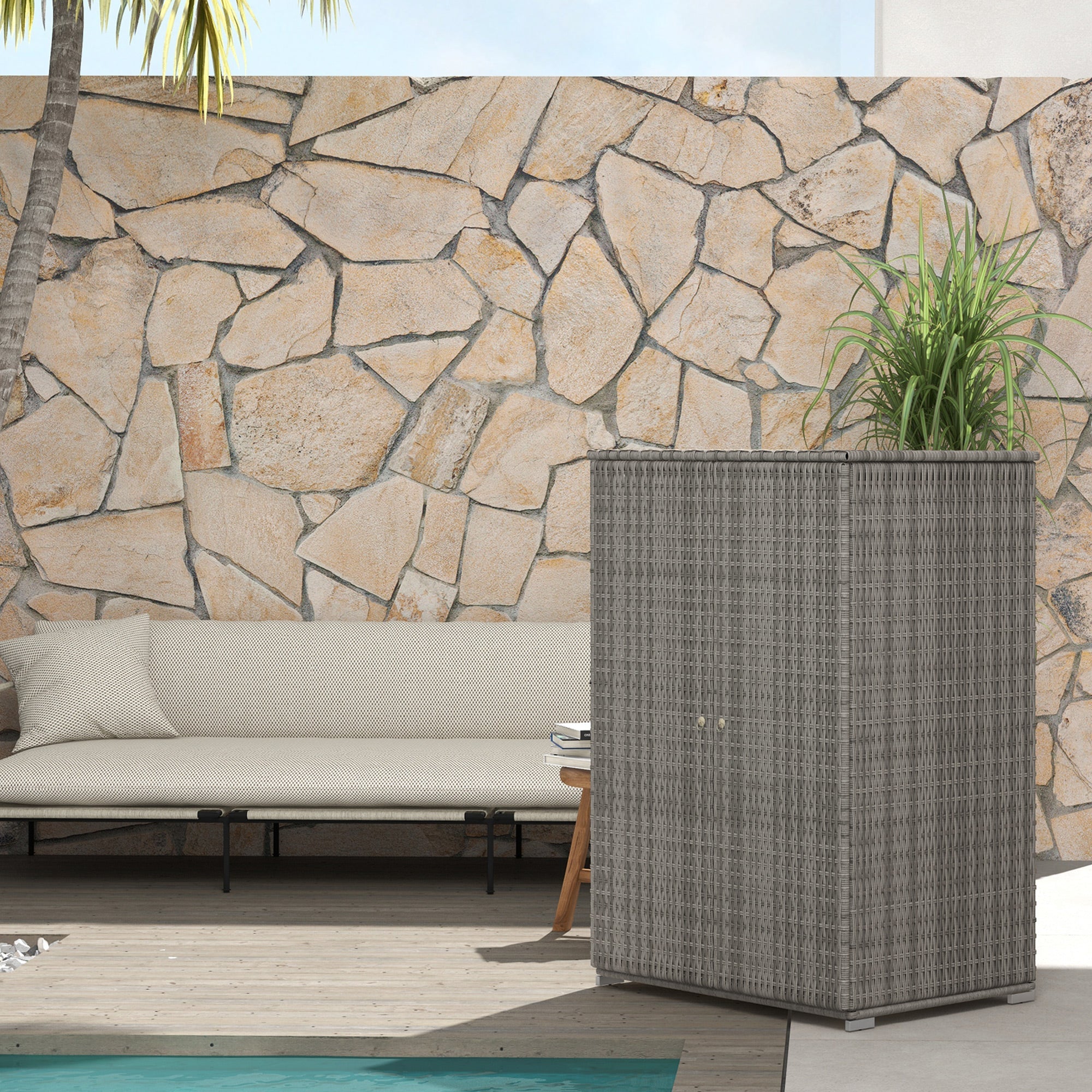 Outsunny Wicker Outdoor Storage Cabinet, 2-Door Rattan Pool Towel Storage Cabinet with Drawer & Removable Shelf, Dark Grey 