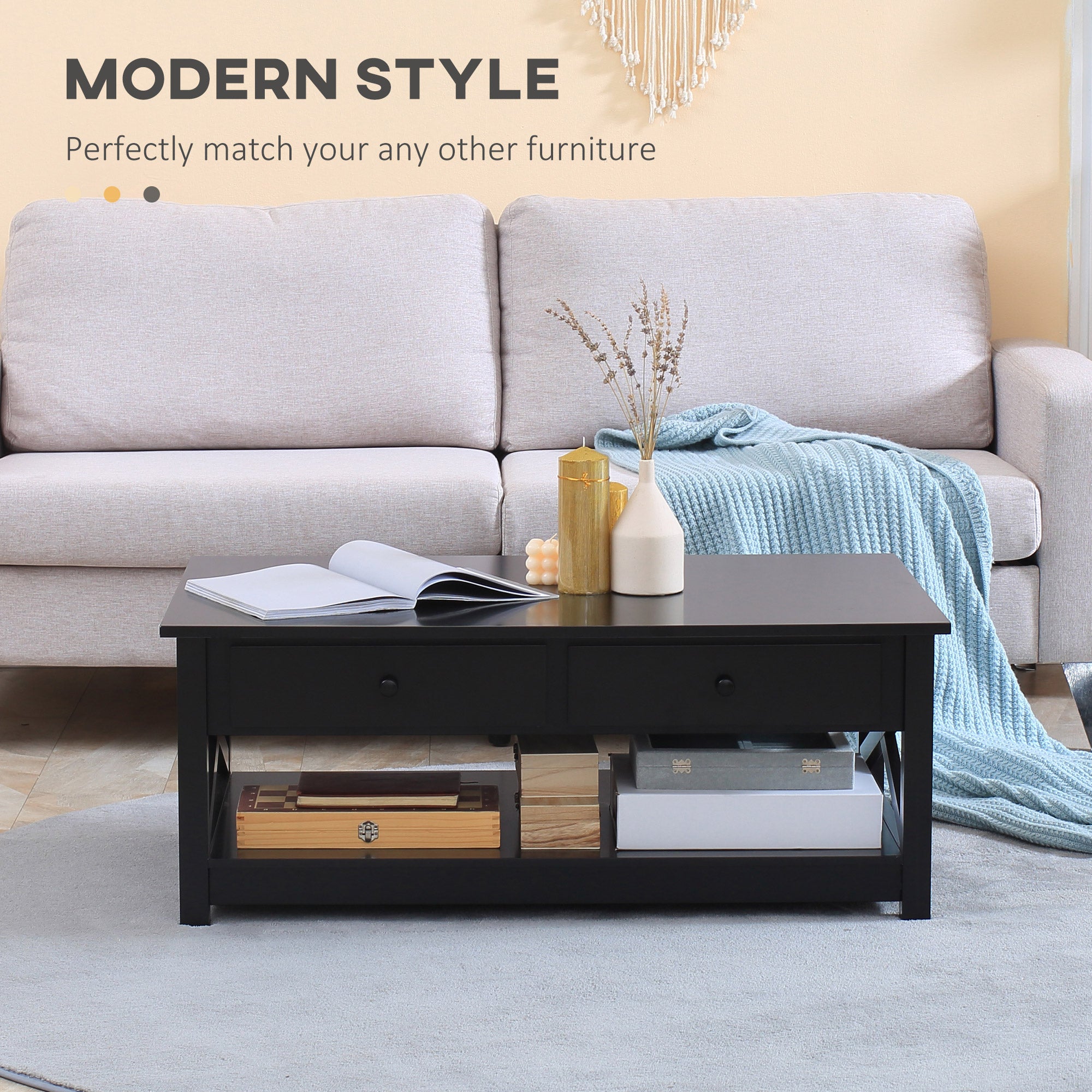 HOMCOM Black Coffee Table with Drawers: Modern Centre Table with Storage Drawers, Open Shelf for Living Room 