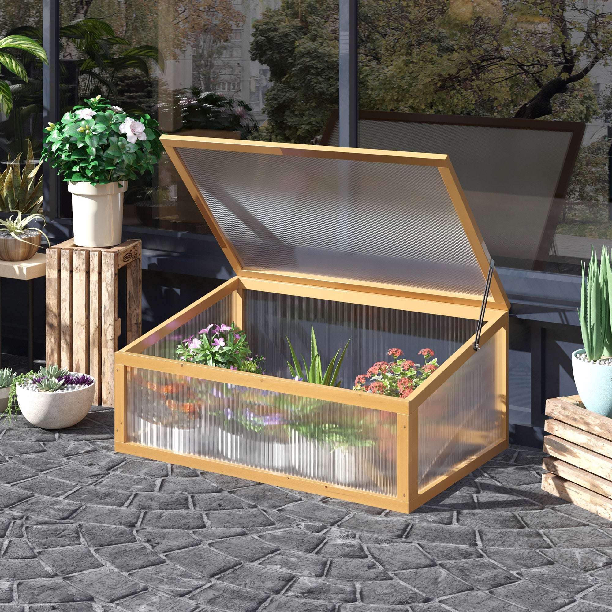 Outsunny Wooden Cold Frame Greenhouse Raised Garden Planter Portable Openable Top 35.5"x23.5"x15.75" Light Brown 