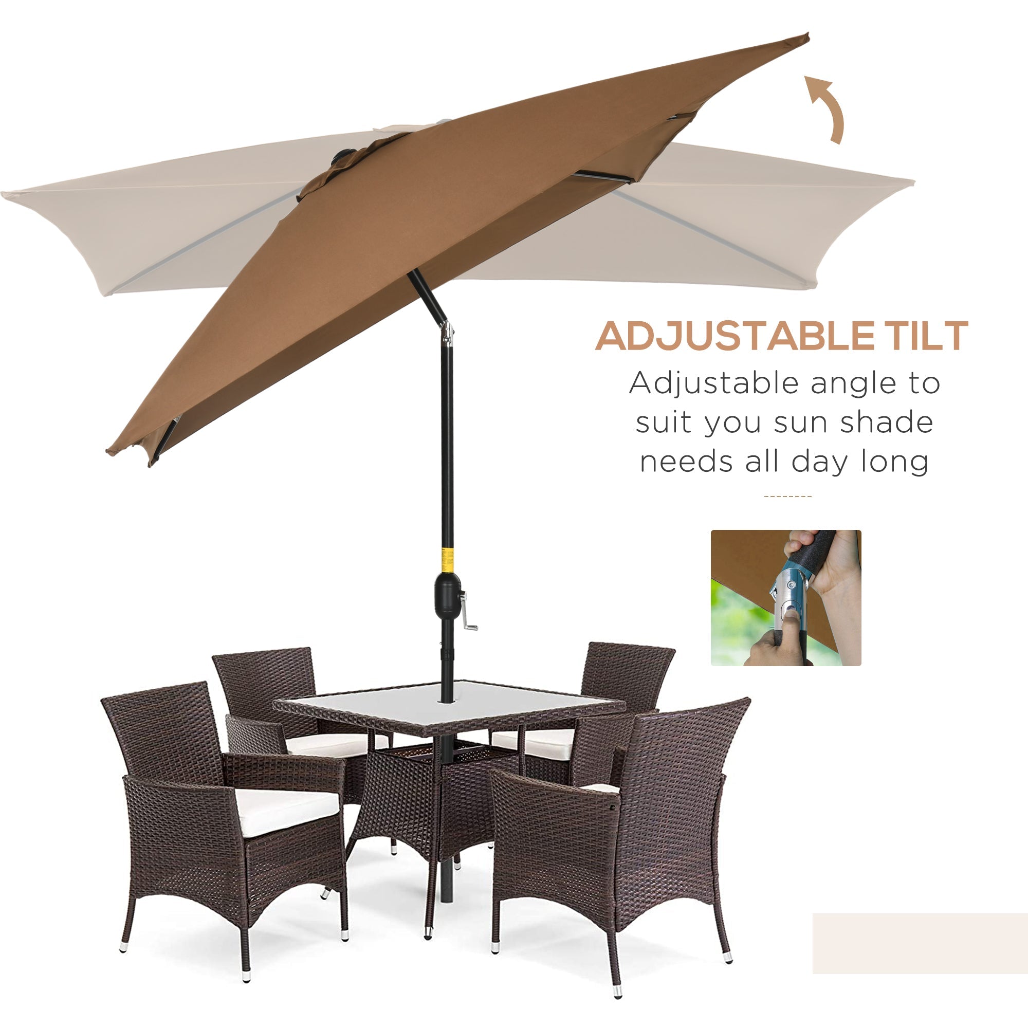 Outsunny Rectangle Patio Umbrella: 6.5x10ft Aluminum Tilt Garden Parasol Crank Coffee 