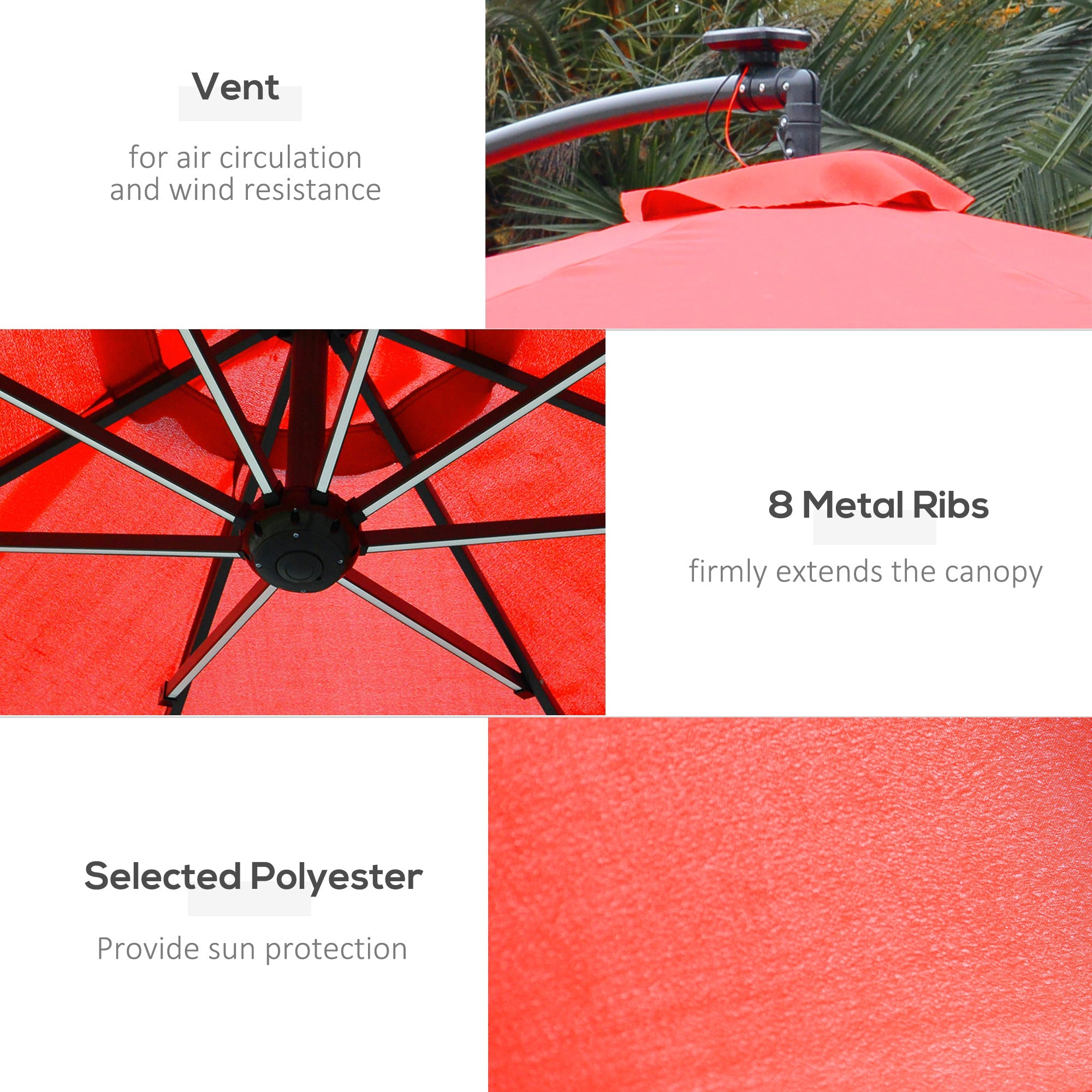 Outsunny 10ft Solar LED Cantilever Umbrella: Red Hanging Offset Market Parasol with Crank Feature 