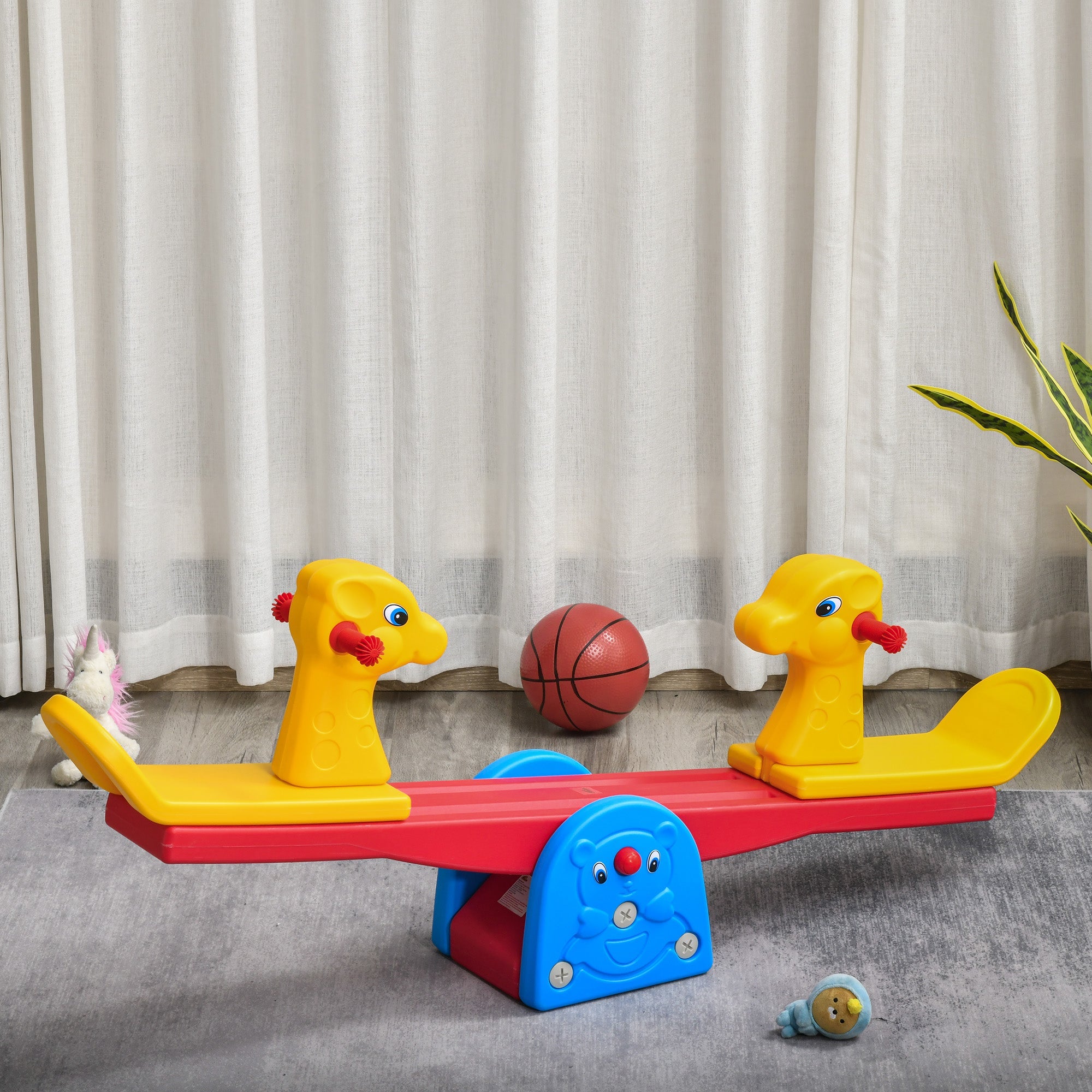 Qaba Kids 2-seat Seesaw Safe Teeter Totter with Handles for Indoor Outdoor Playroom Backyard 1-4 Years Old 