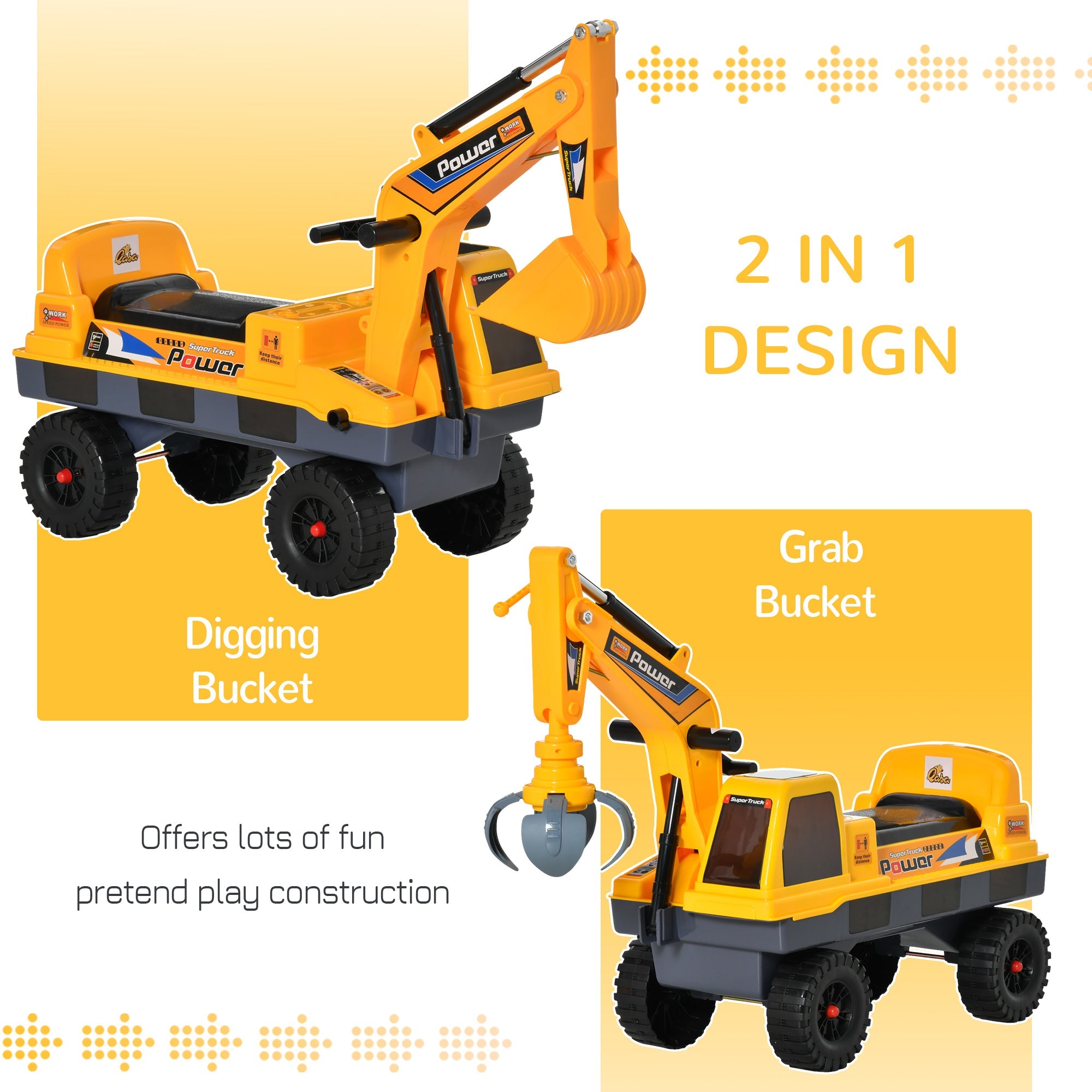 Qaba Construction Ride on Excavator Digger Multi-functional Bulldozer Toy Detachable Bucket Yellow 