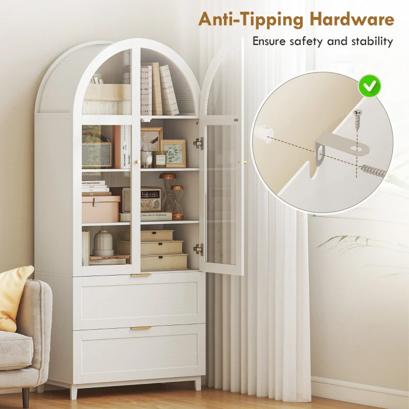 🏡 Arched Glass Door Pantry Cabinet – Modern Farmhouse Storage (White)