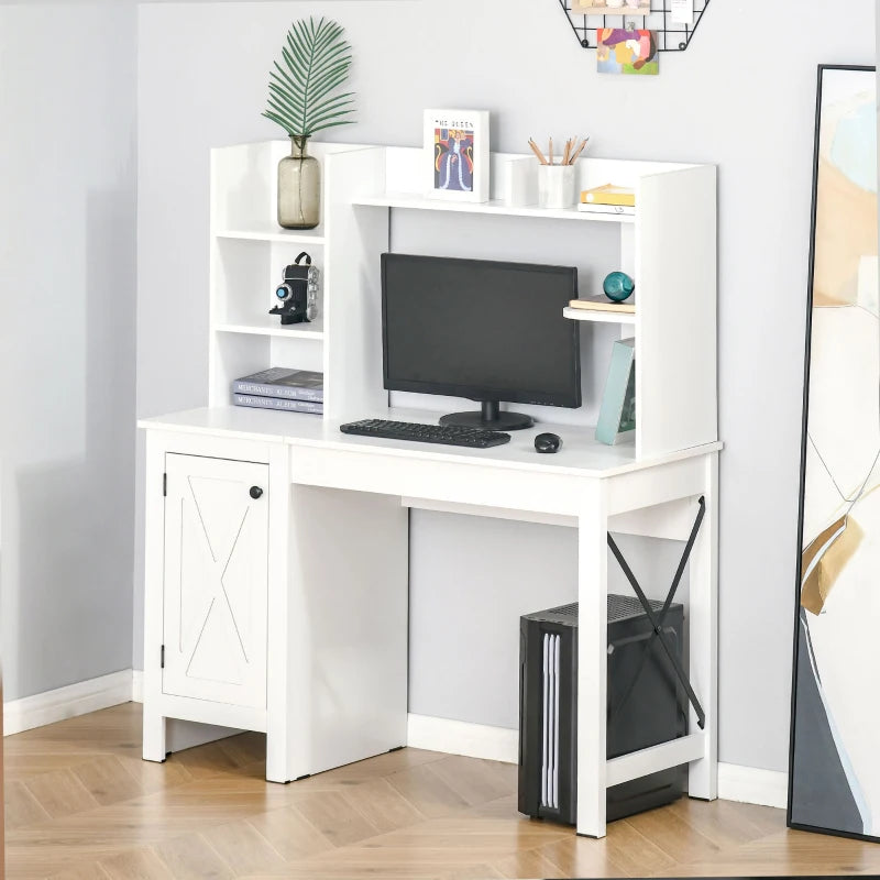 Computer Desk with Storage, 47 Inch Farmhouse Home Office Desk with Open Shelves and 2-Tier Cabinet, White