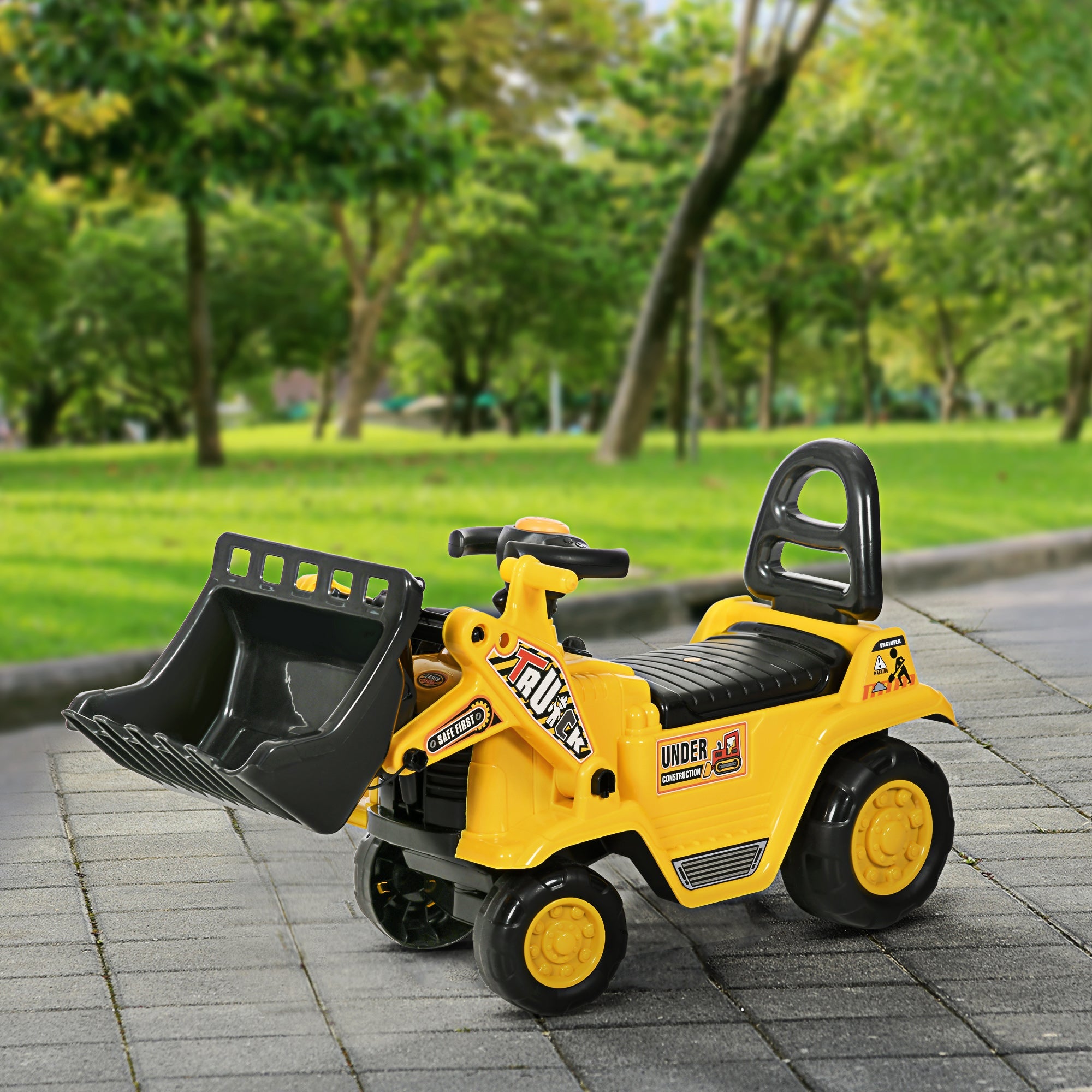 HOMCOM Kids Ride-On Bulldozer Toy with Excavator Bucket Horn Steering Wheel Under Seat Storage for Toddlers Yellow 