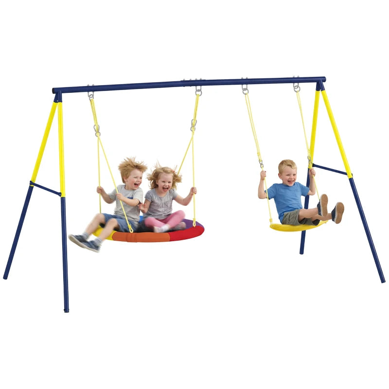 Qaba Kids Swing Set with Double Swings, Outdoor Playset with Adjustable Ropes, Metal Frame for Ages 3-8, 150 Capacity
