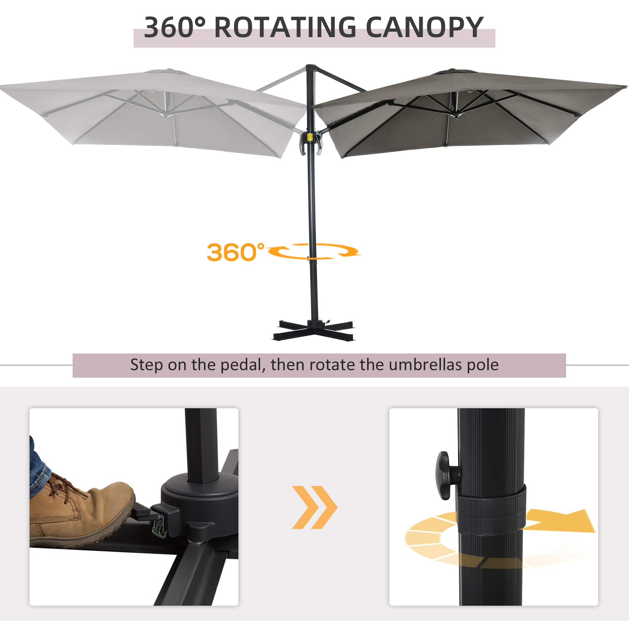Outsunny 8' x 8' Square Patio Hanging Offset Umbrella with 360° Rotation, Aluminum Outdoor Cantilever Market Parasol, Light Grey 