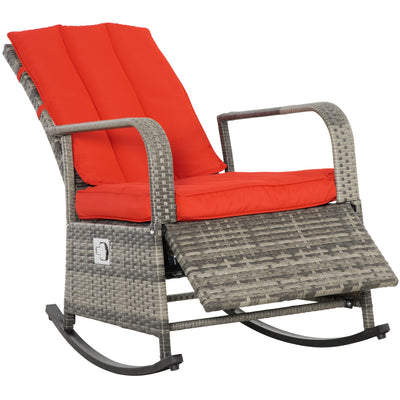 Outsunny Wicker Rocking Chair Outdoor Sofa Glider Rocker Patio Rattan Recliner Furniture with Soft Cushion, Adjustable Footrest, Red 