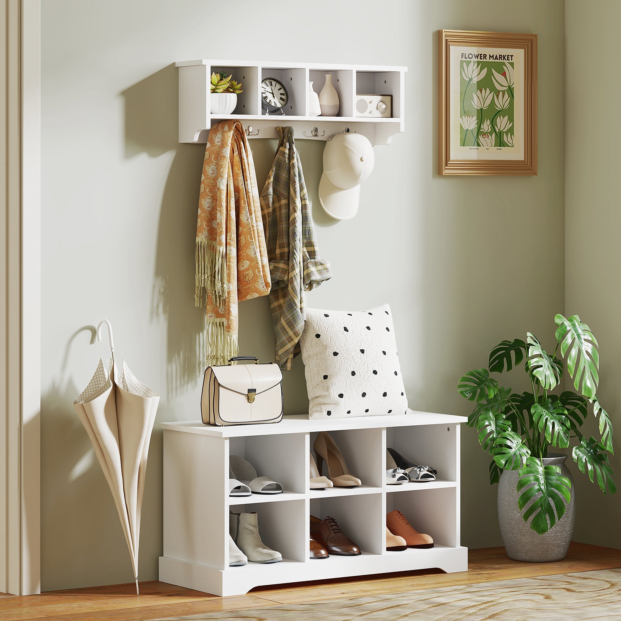 HOMCOM Coat Rack Wall Mount with Shelf, 28" Wall Coat Rack with 5 Hooks and 4 Compartments for Living Room, Entryway, White 