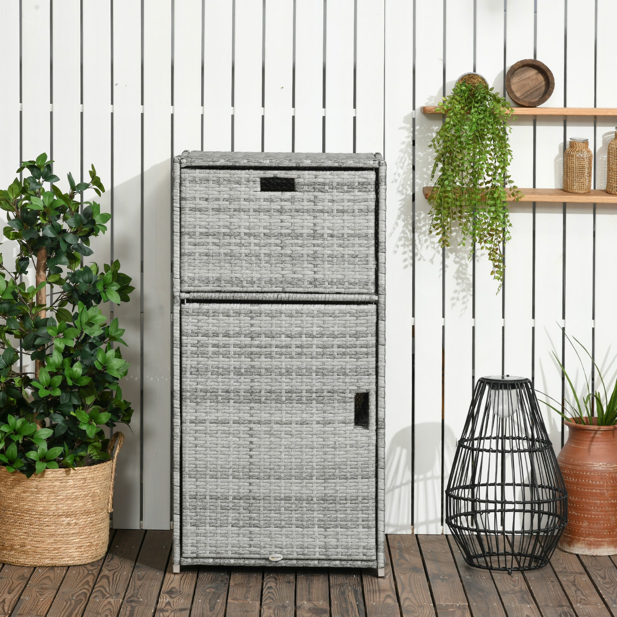 Outsunny Patio Storage Cabinet, Outdoor Towel Rack for Pool, Waterproof PE Rattan Wicker, Hot Tub Accessory, Mixed Gray 