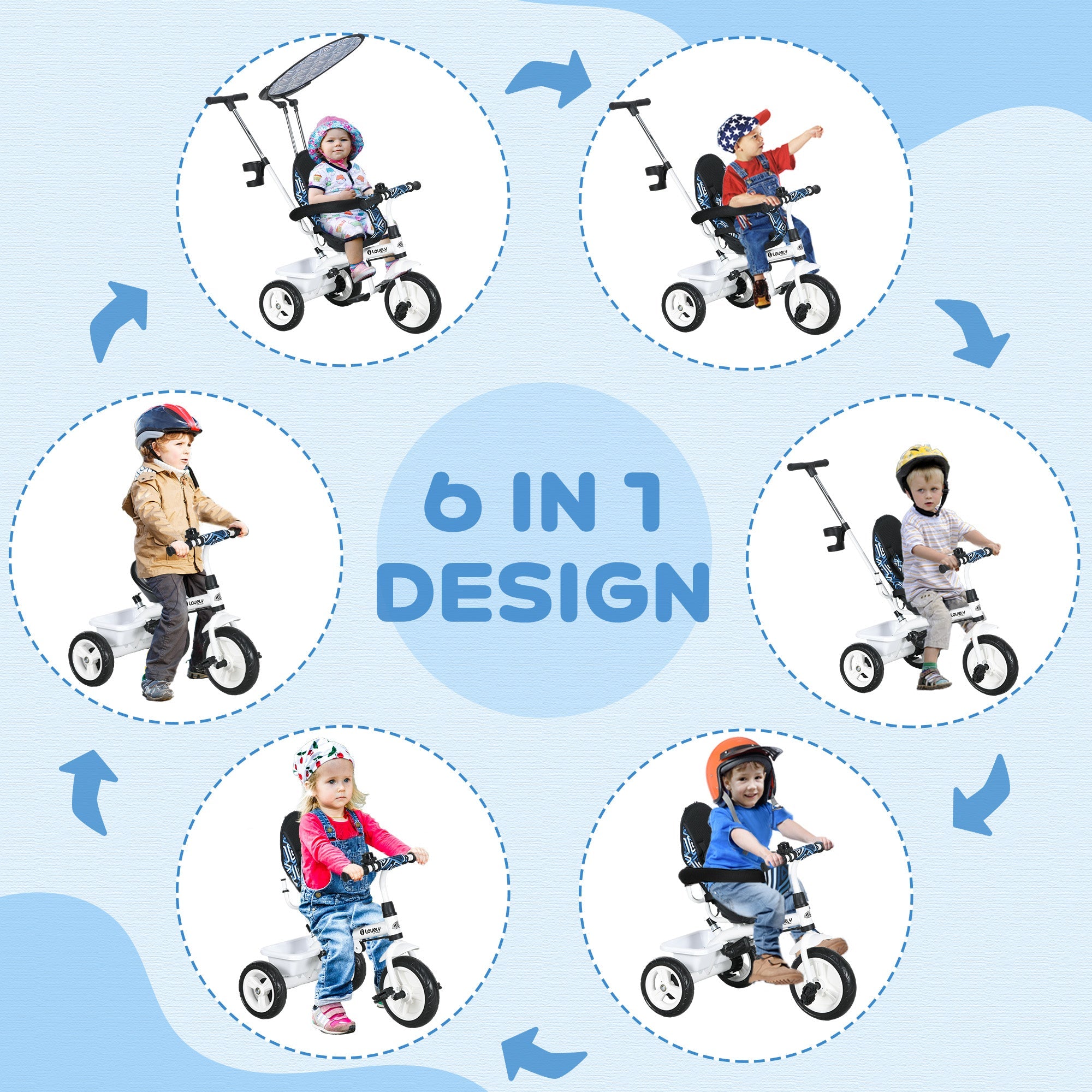 Qaba 4-in-1 Convertible Kids Tricycle with Removable Handlebar and Canopy Blue 
