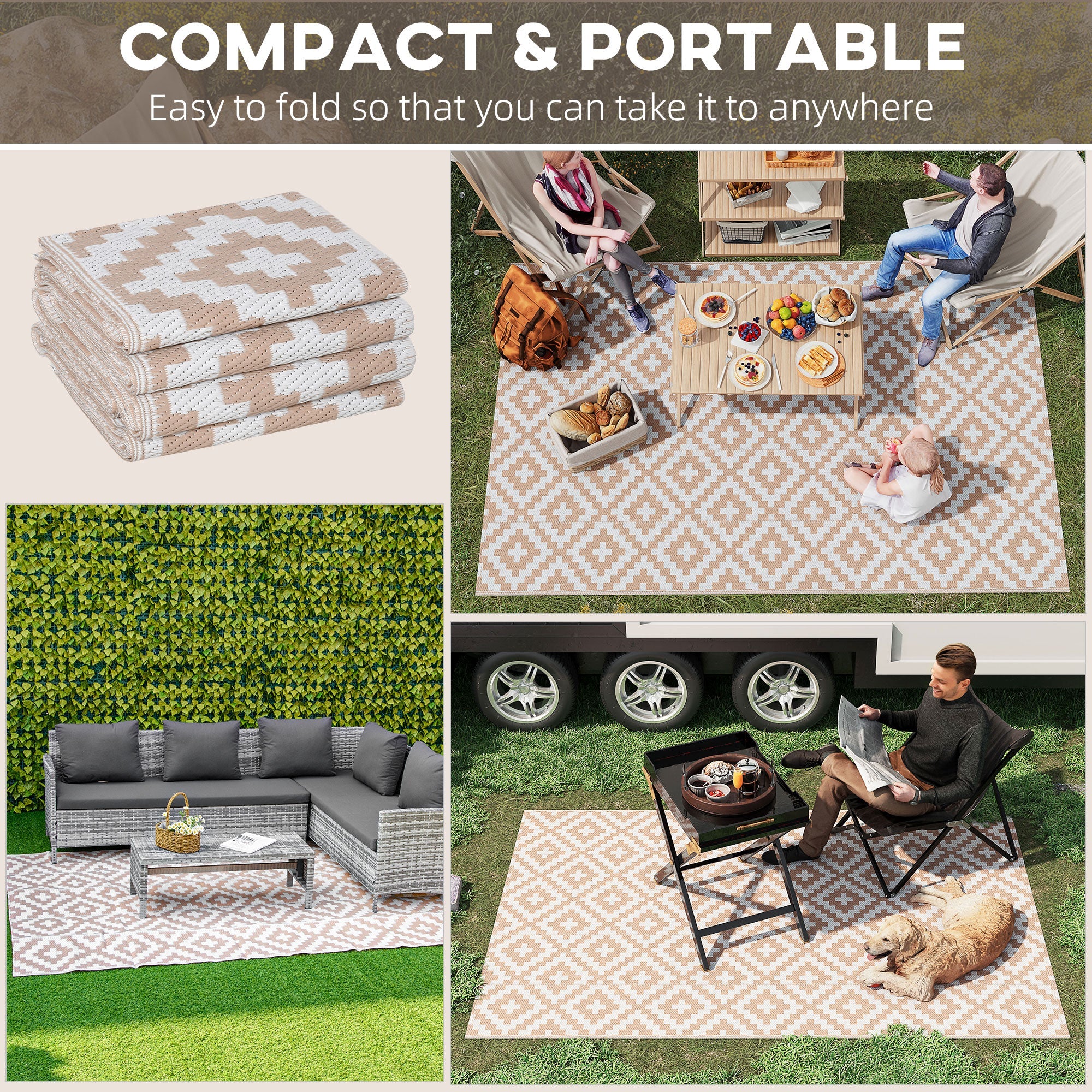 Outsunny Reversible Outdoor RV Rug, Patio Floor Mat, 6' x 9' Plastic Straw Rug for Backyard, Deck, Beach, Camping, Coffee & White 