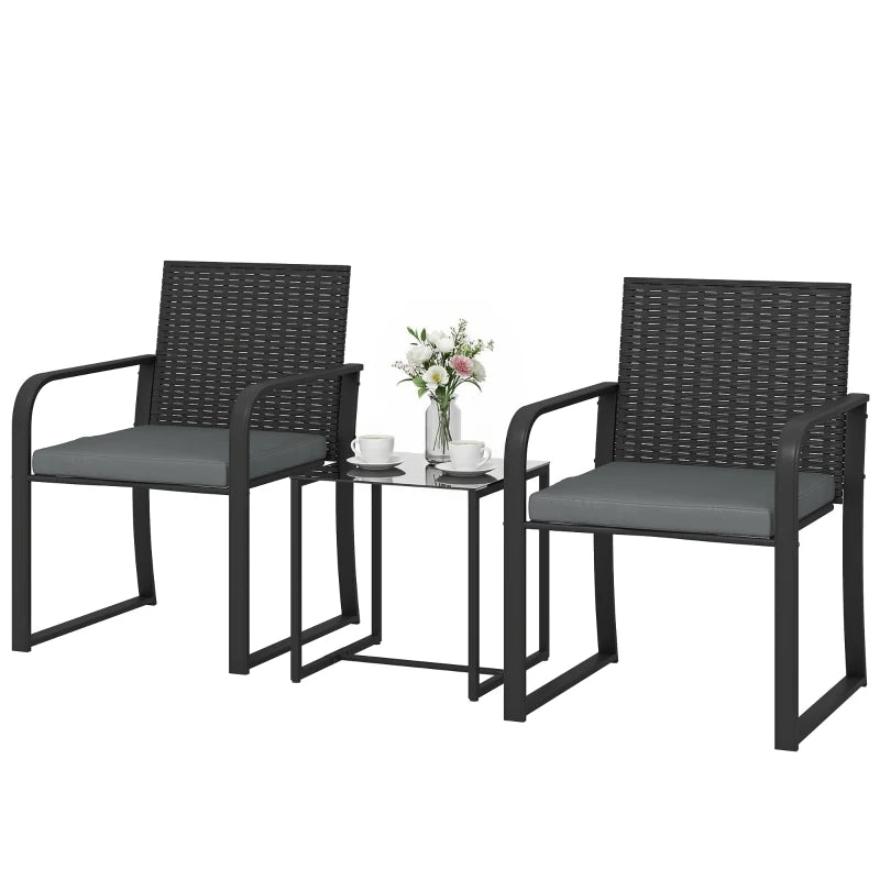 Outdoor Bistro Set, 3 Piece Wicker Patio Furniture with Mesh Seat, Glass Table, Cushions for Porch, Balcony, Grey