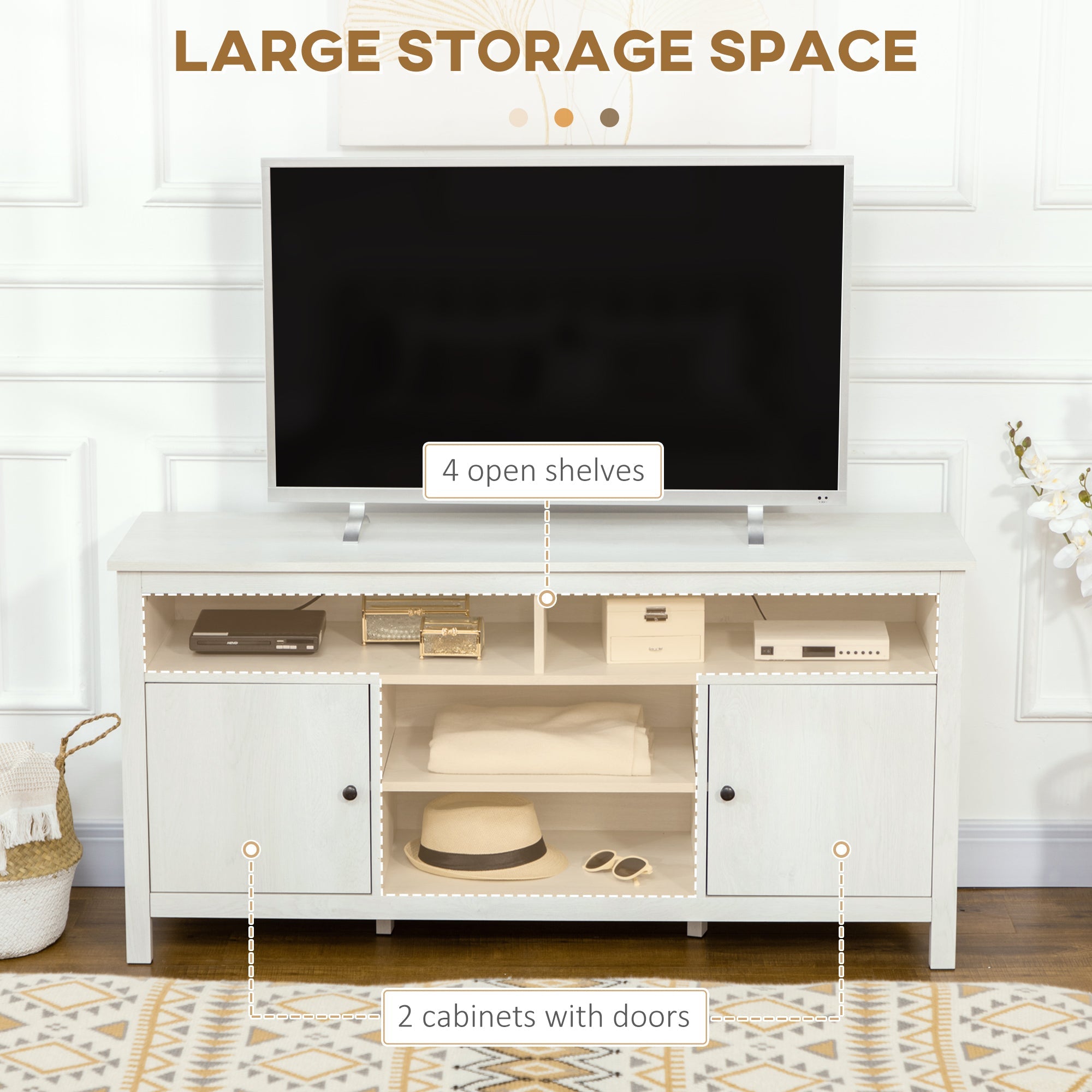 HOMCOM TV Stand: For 55" TVs, White, Cupboard, Shelves, Storage Space, 55.1"x15.7"x27", Wood Media Console 