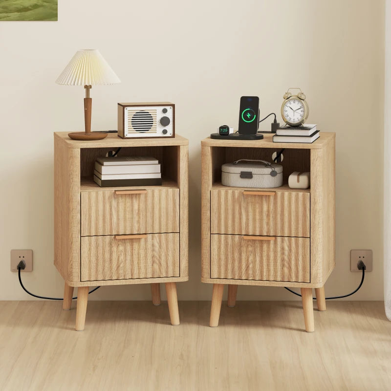 Nightstands Set of 2, Modern Bedside Tables with Charging Station, 2 Drawers and Open Shelf, Oak