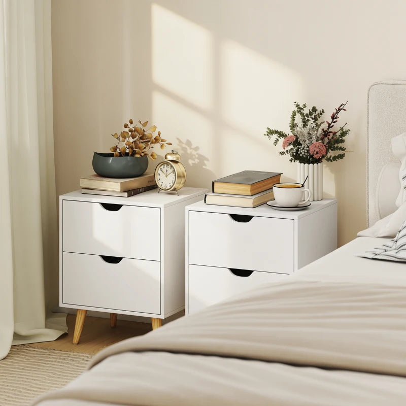 Modern Bedside Table Set of 2, Nightstand with 2 Drawers and Pine Wood Legs for Bedroom, Living Room, White